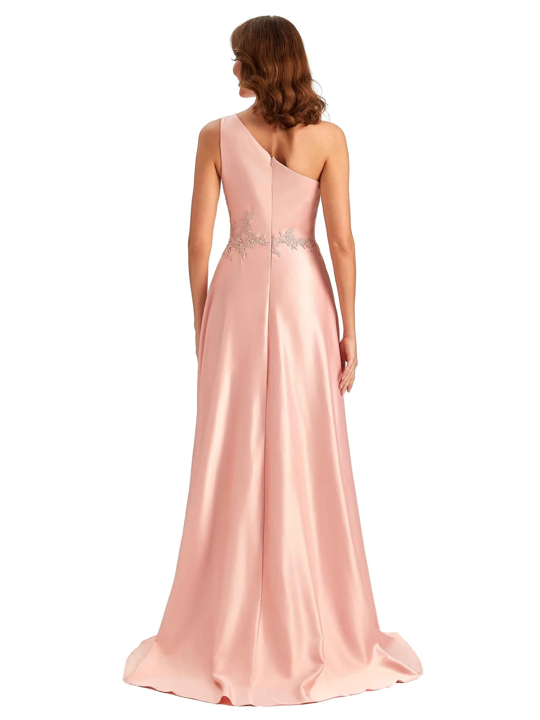 Sexy One Shoulder A-Line High Low Silky Satin Lace Long Formal Wedding Guest Dresses sold by ChicSew product image thumbnail 3