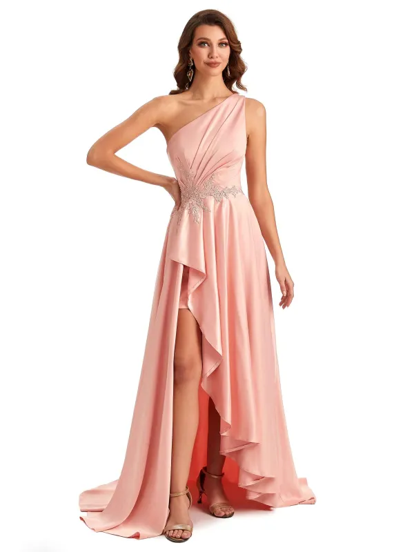 Sexy One Shoulder A-Line High Low Silky Satin Lace Long Formal Wedding Guest Dresses sold by ChicSew