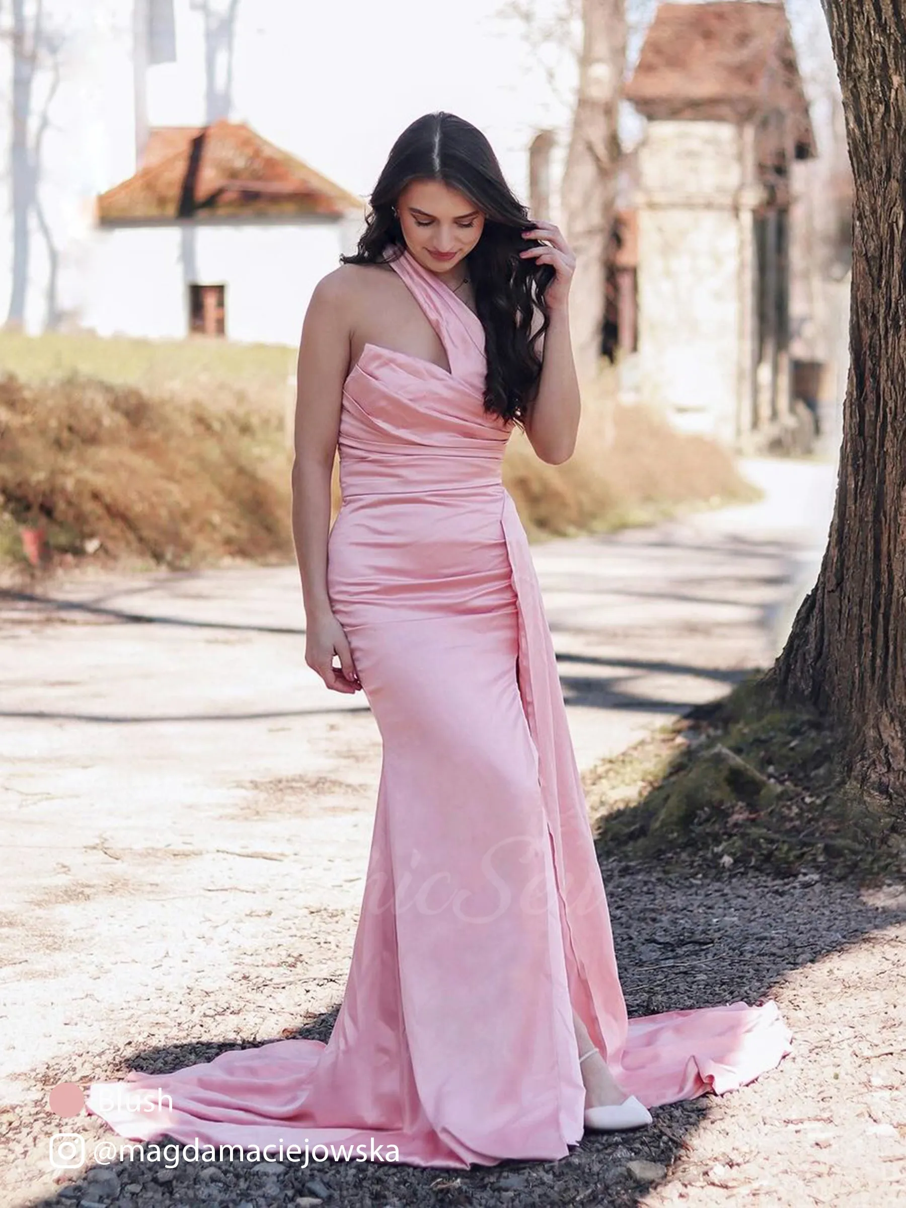 One shoulder Side Slit Mermaid Silky Satin Unique Long Formal Wedding Guest Dresses sold by ChicSew product image thumbnail 2