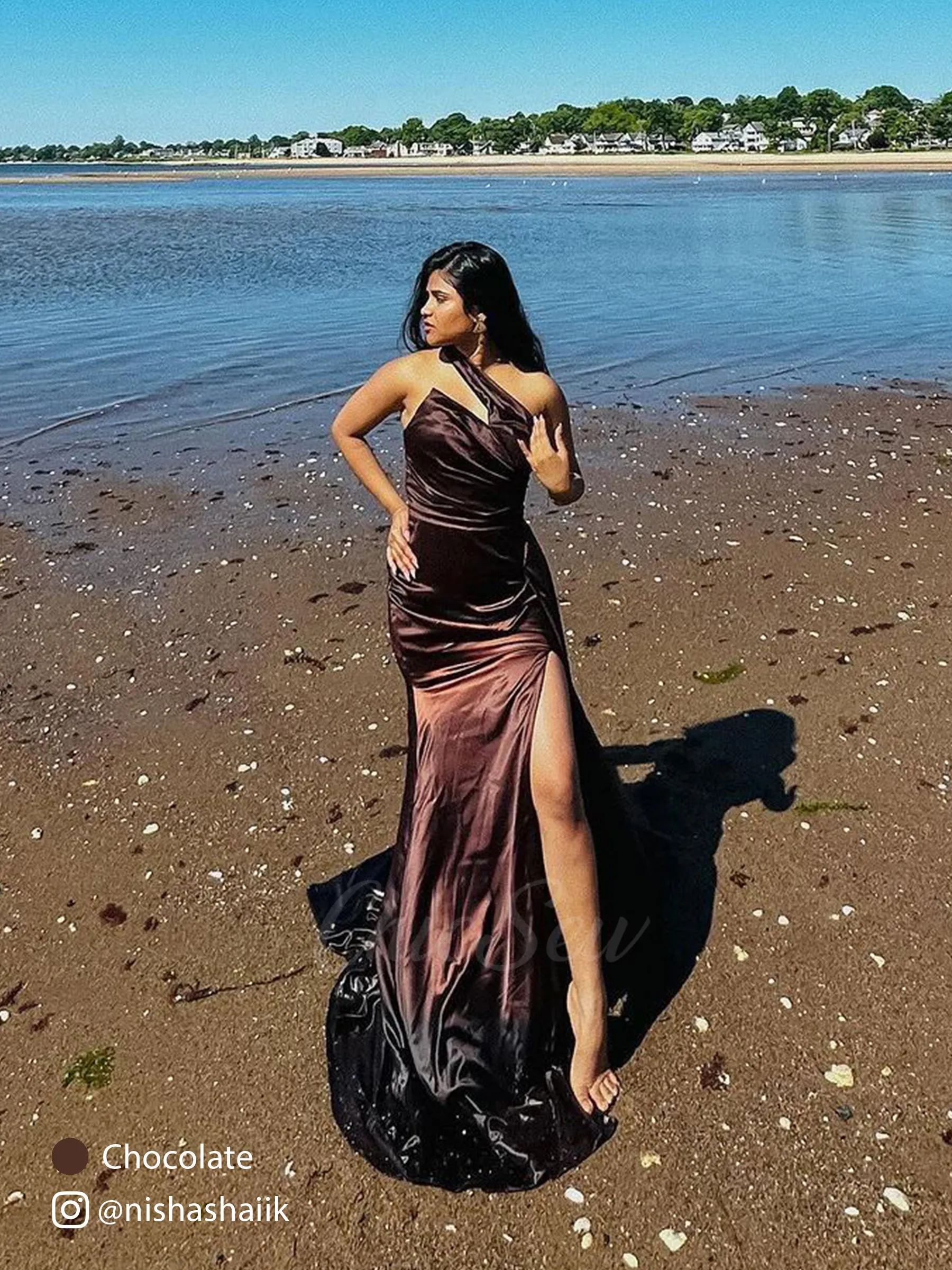 One shoulder Side Slit Mermaid Silky Satin Unique Long Formal Wedding Guest Dresses sold by ChicSew product image thumbnail 3