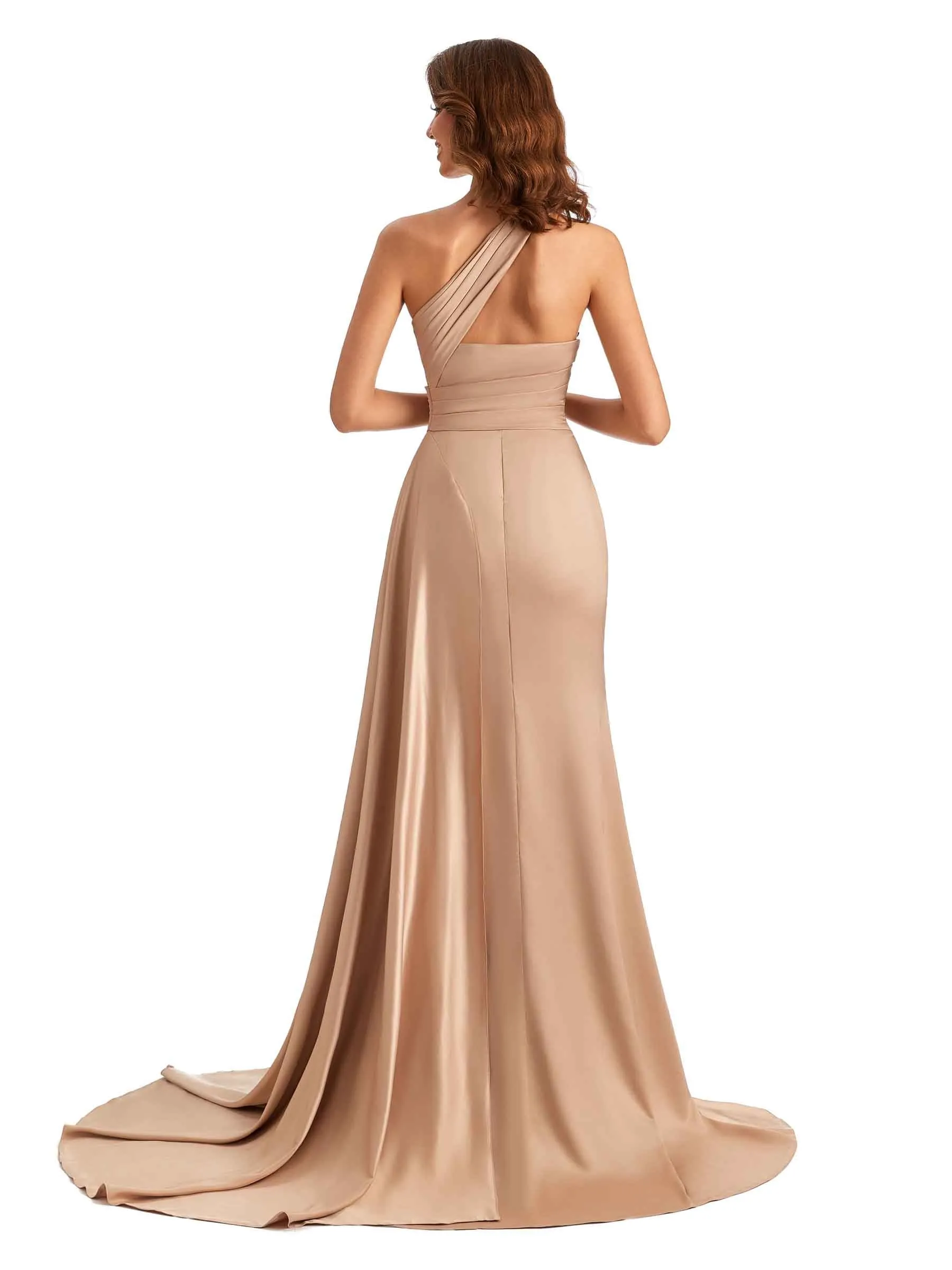 One shoulder Side Slit Mermaid Silky Satin Unique Long Formal Wedding Guest Dresses sold by ChicSew product image thumbnail 5
