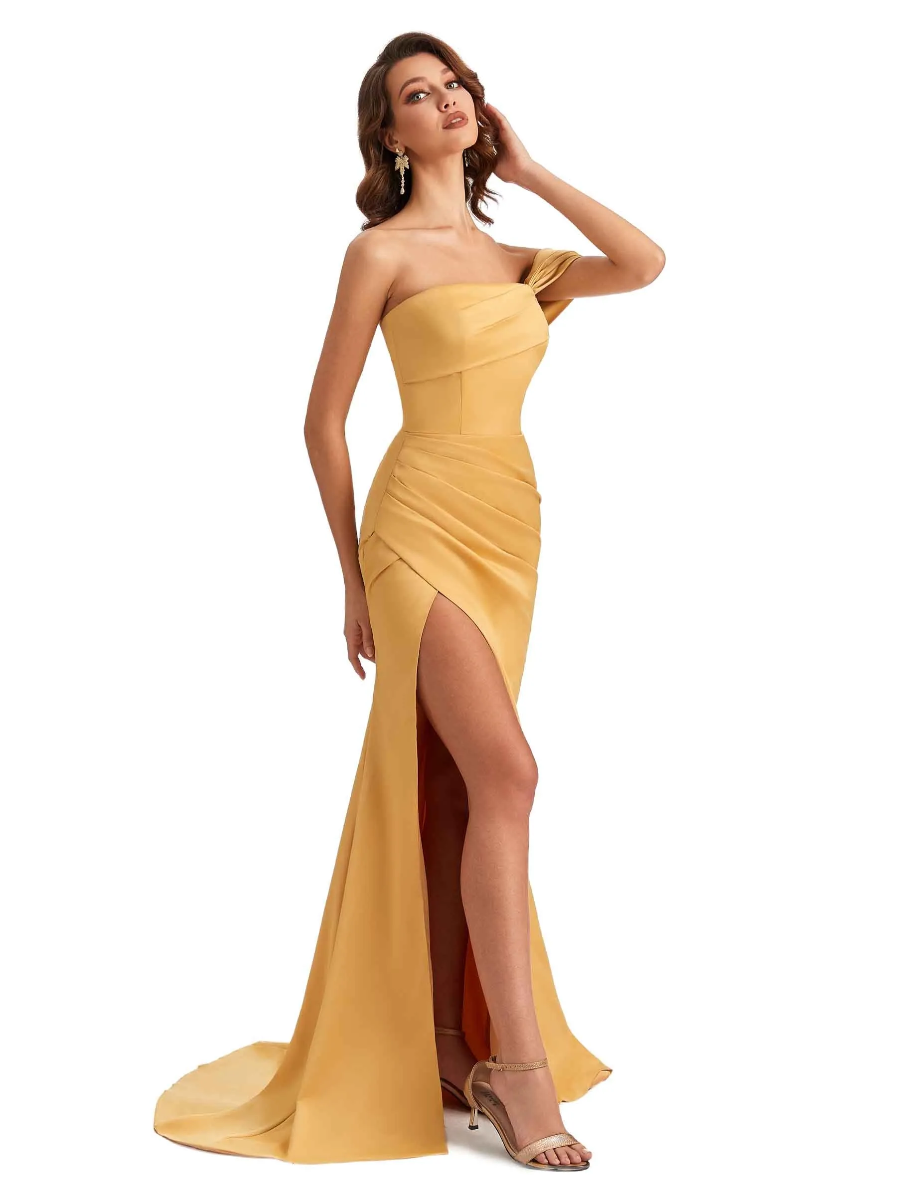 Unique One Shoulder Side Slit Satin Long Dresses For Wedding sold by ChicSew product image thumbnail 5