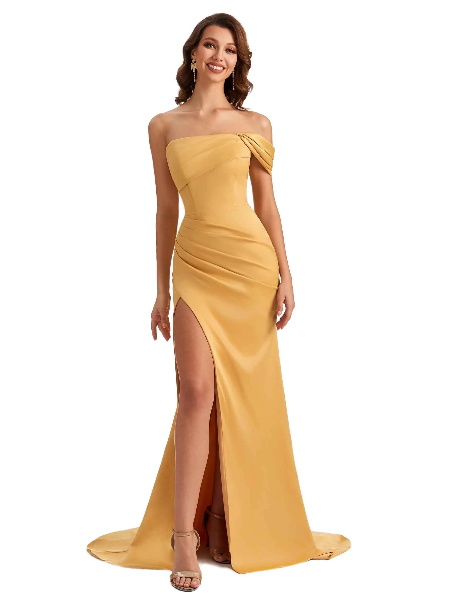 Unique One Shoulder Side Slit Satin Long Dresses For Wedding sold by ChicSew