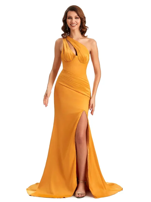 Elegant One Shoulder Mermaid Popular Side-Slit Satin Unique Satin Maxi Dress sold by ChicSew