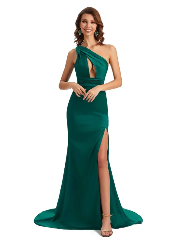 Sexy One Shoulder Side Slit Mermaid Silky Satin Long Gown For Wedding Guest sold by ChicSew