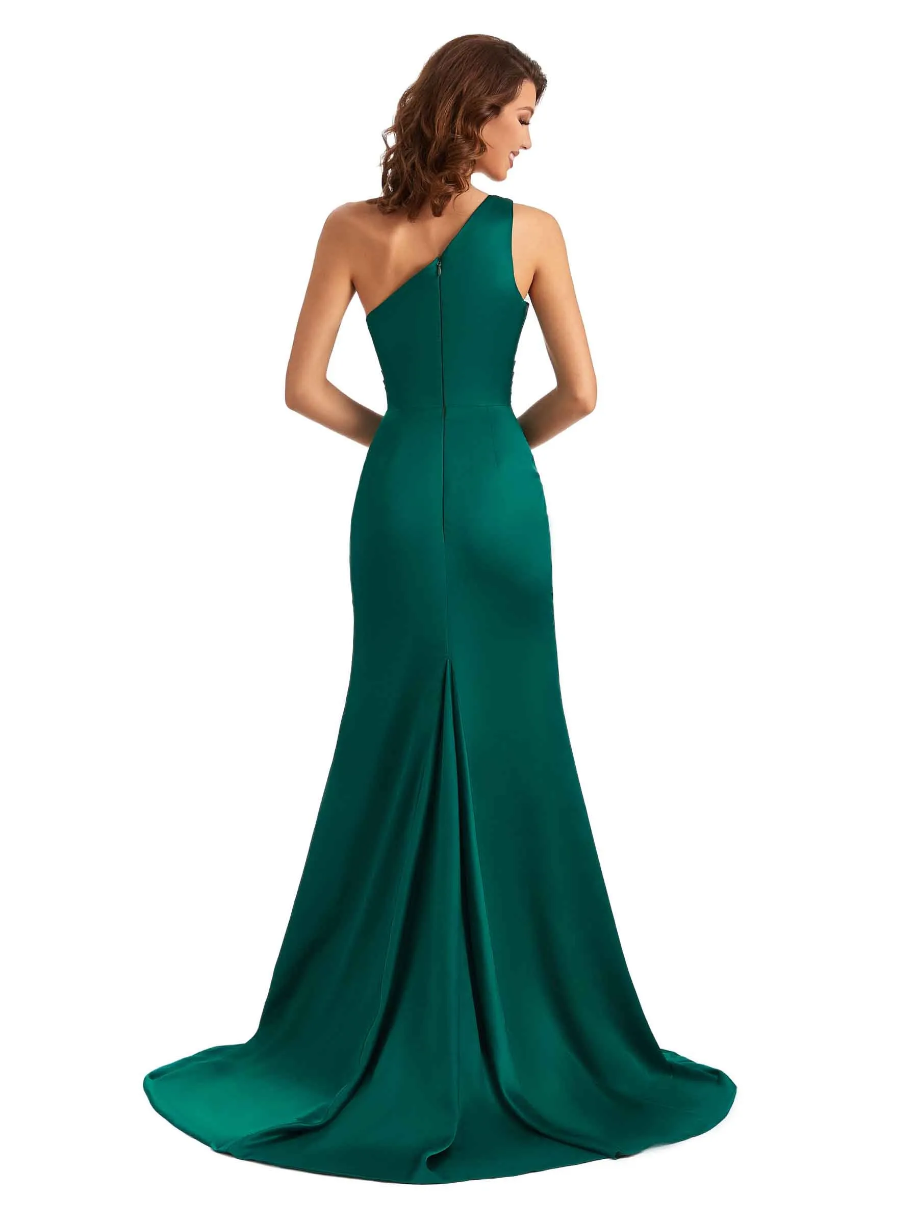 Sexy One Shoulder Side Slit Mermaid Silky Satin Long Gown For Wedding Guest sold by ChicSew product image thumbnail 3