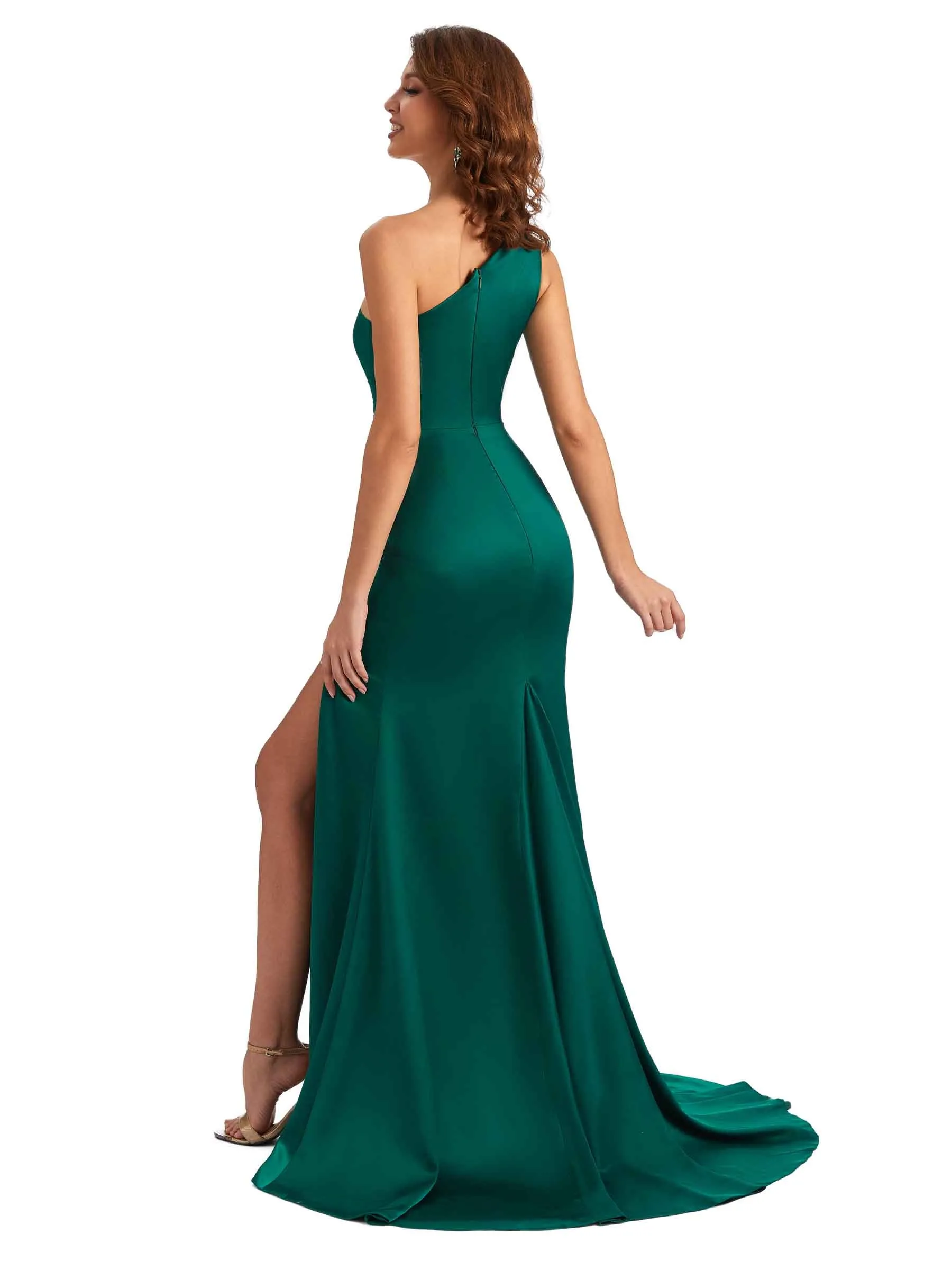 Sexy One Shoulder Side Slit Mermaid Silky Satin Long Gown For Wedding Guest sold by ChicSew product image thumbnail 5