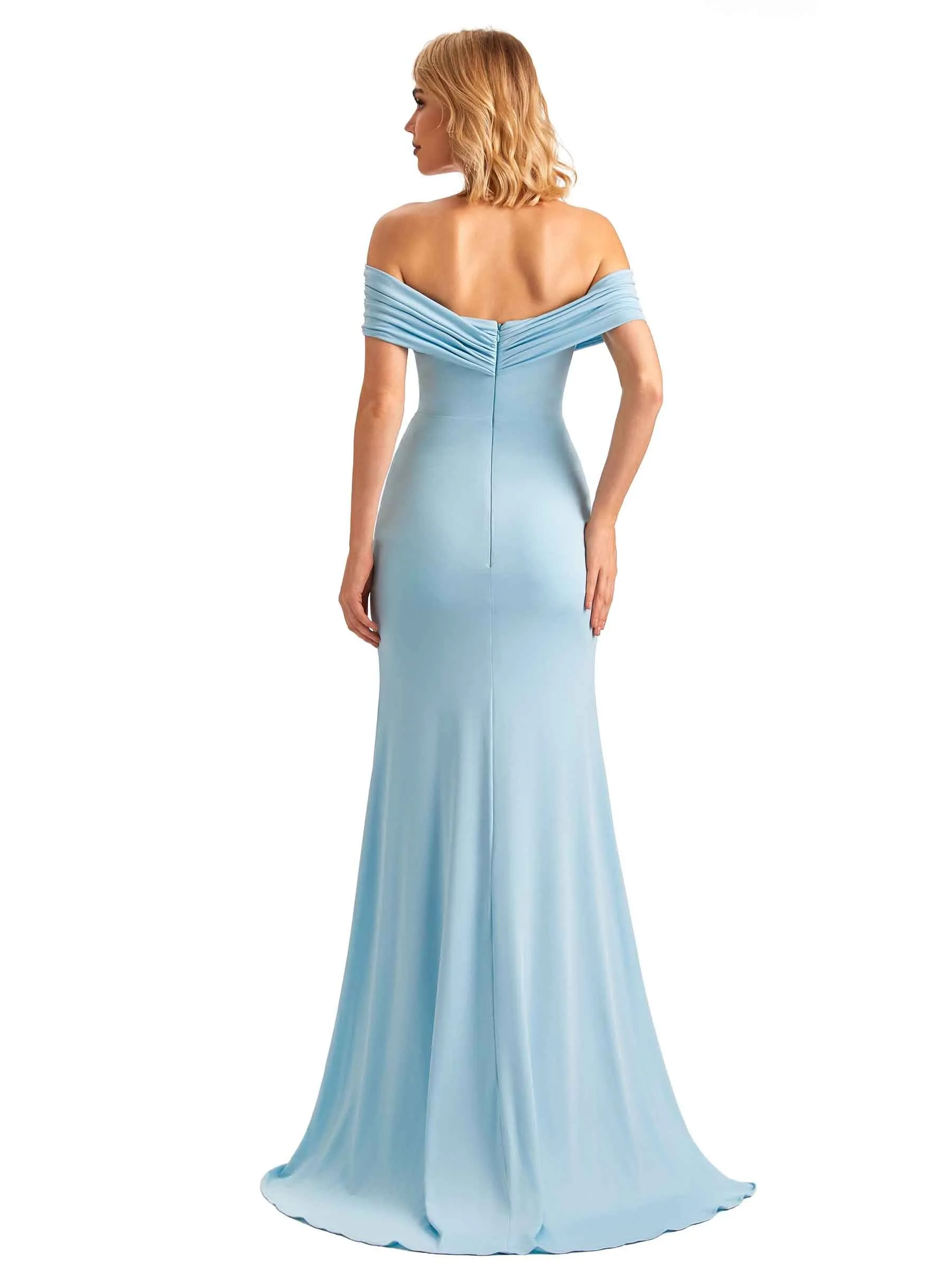 Elegant Mermaid Off the Shoulder Side Slit Stretchy Jersey Long Formal Bridesmaid Dresses sold by ChicSew product image thumbnail 3