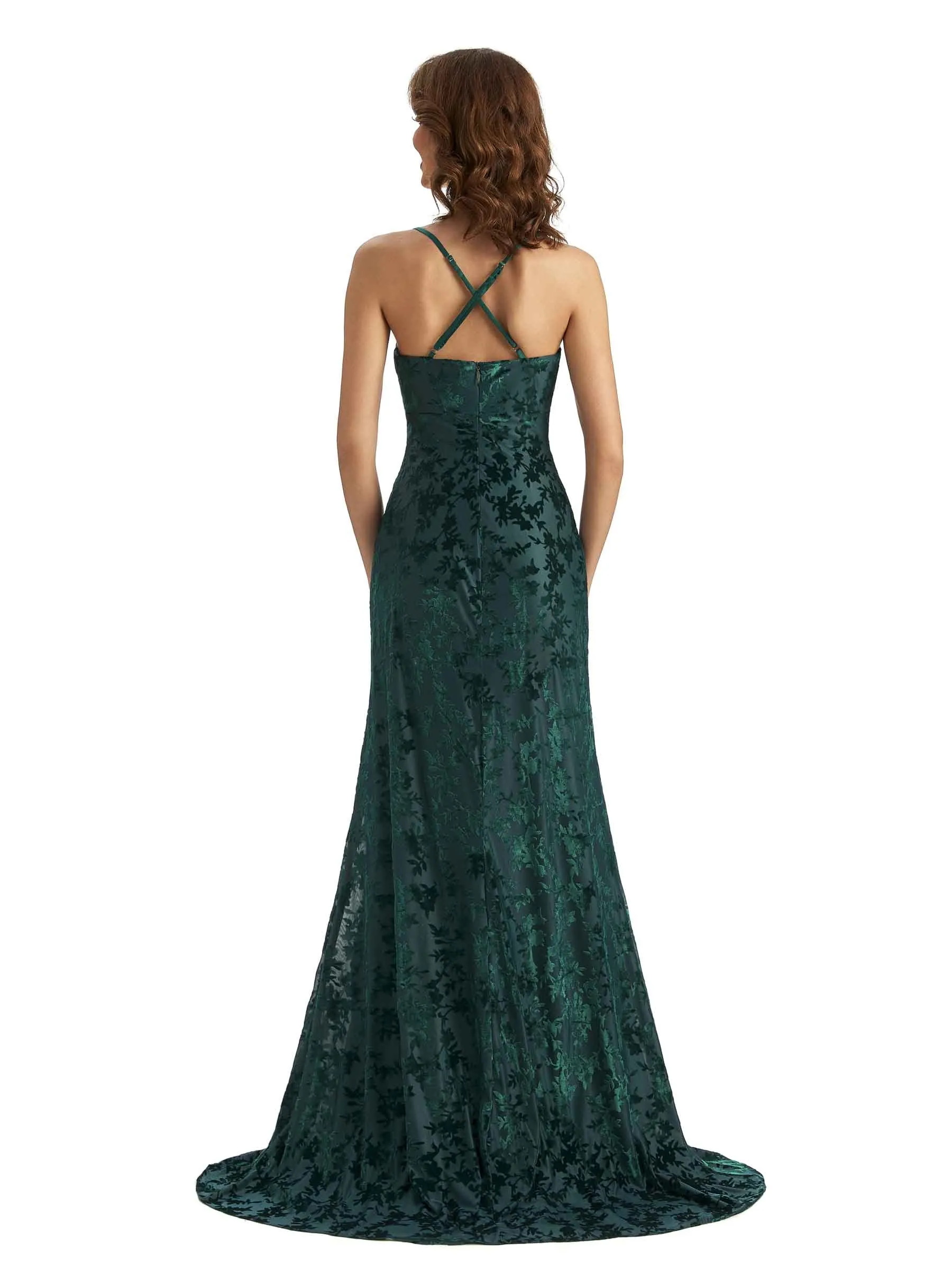 Sexy Spaghetti Straps Side Slit Mermaid Floral Velvet Wedding Guest Dresses Online sold by ChicSew product image thumbnail 3