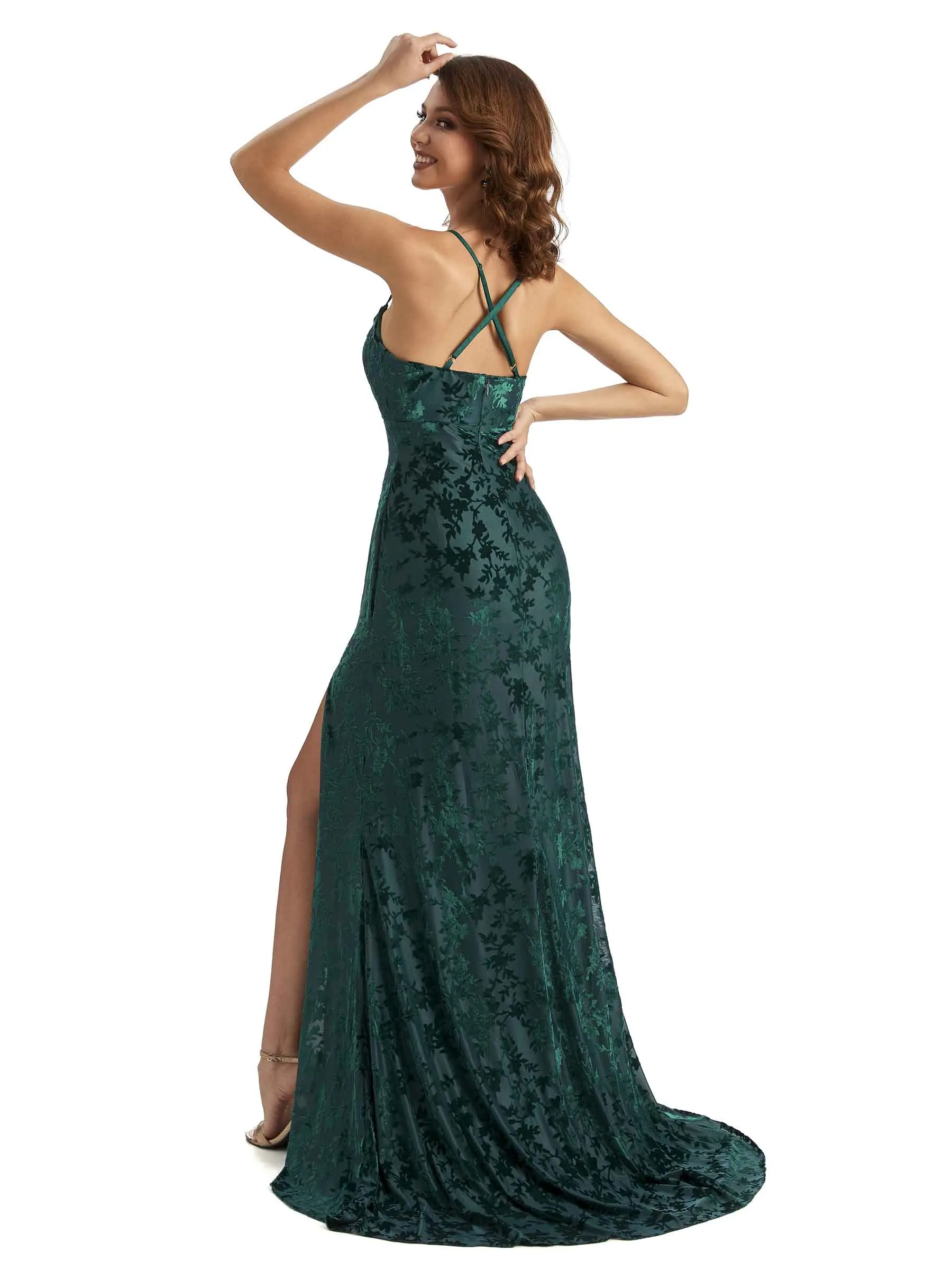 Sexy Spaghetti Straps Side Slit Mermaid Floral Velvet Wedding Guest Dresses Online sold by ChicSew product image thumbnail 5