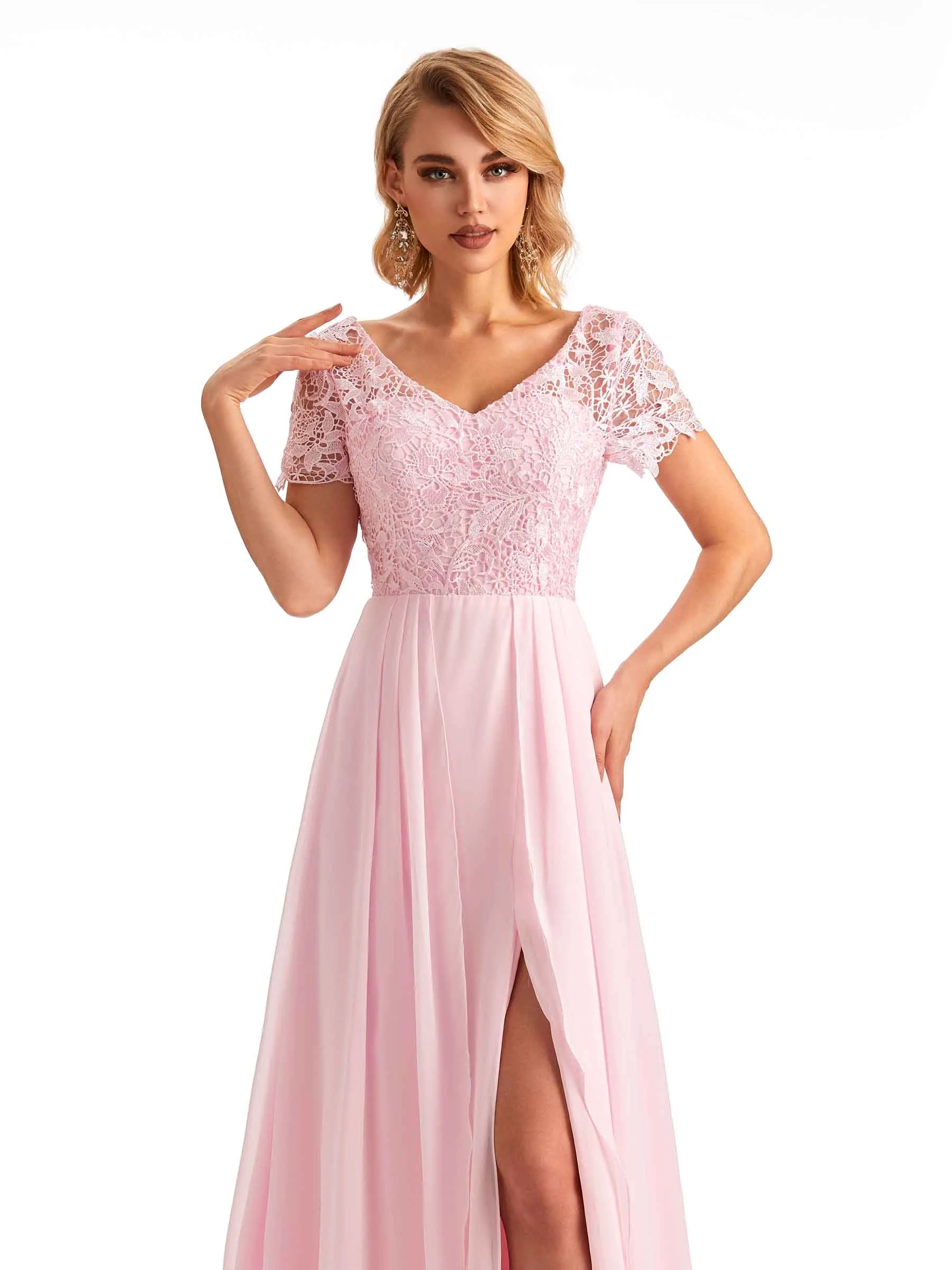 Elegant Side Slit Chiffon Short Sleeves A-line Long Mother of the Brides Dresses sold by ChicSew product image thumbnail 2