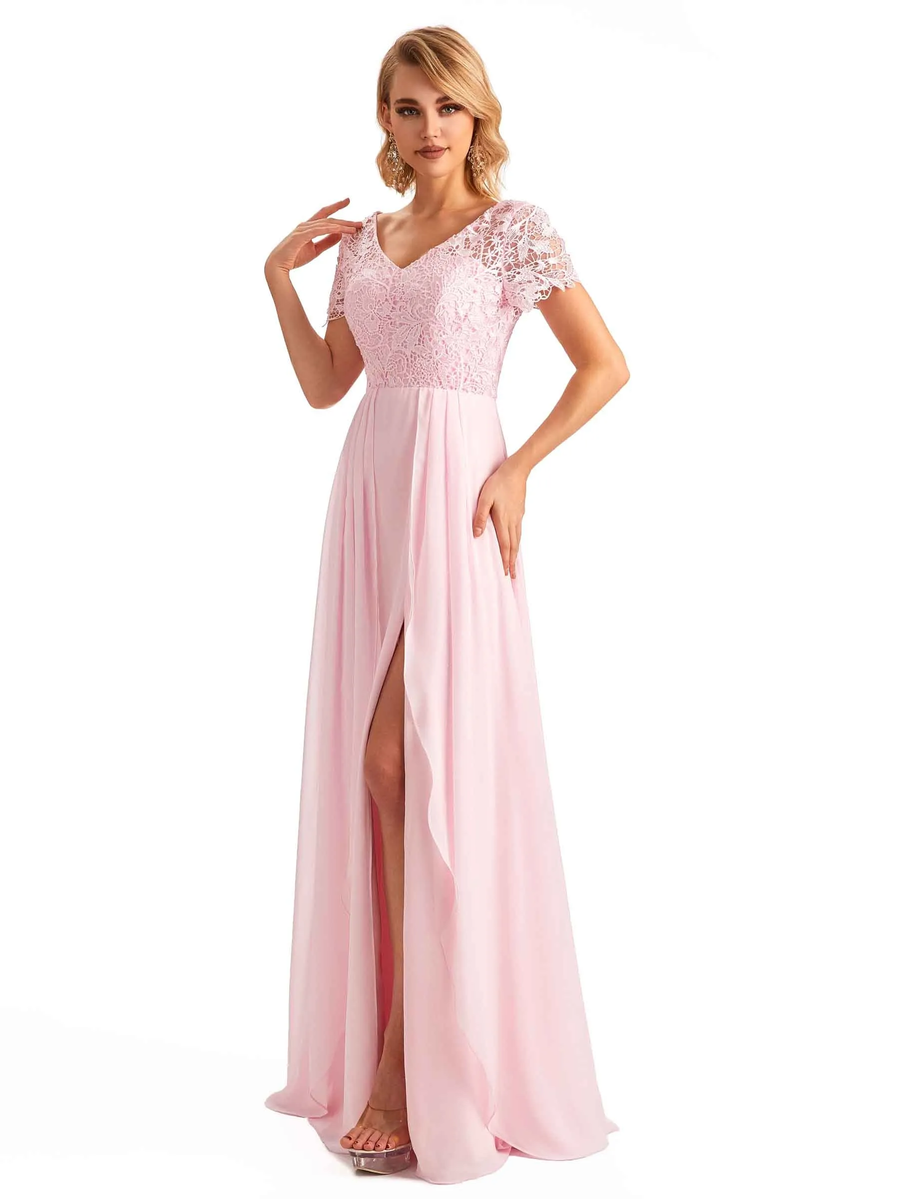 Elegant Side Slit Chiffon Short Sleeves A-line Long Mother of the Brides Dresses sold by ChicSew product image thumbnail 4