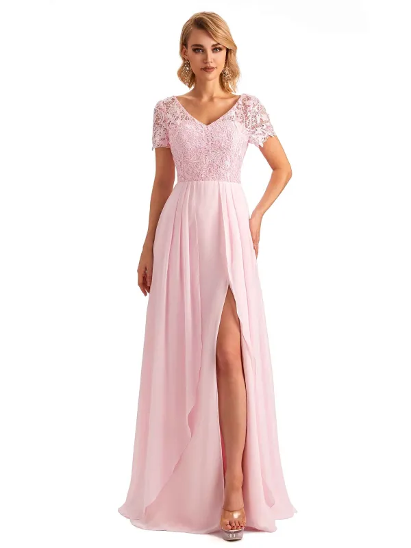 Elegant Side Slit Chiffon Short Sleeves A-line Long Mother of the Brides Dresses sold by ChicSew