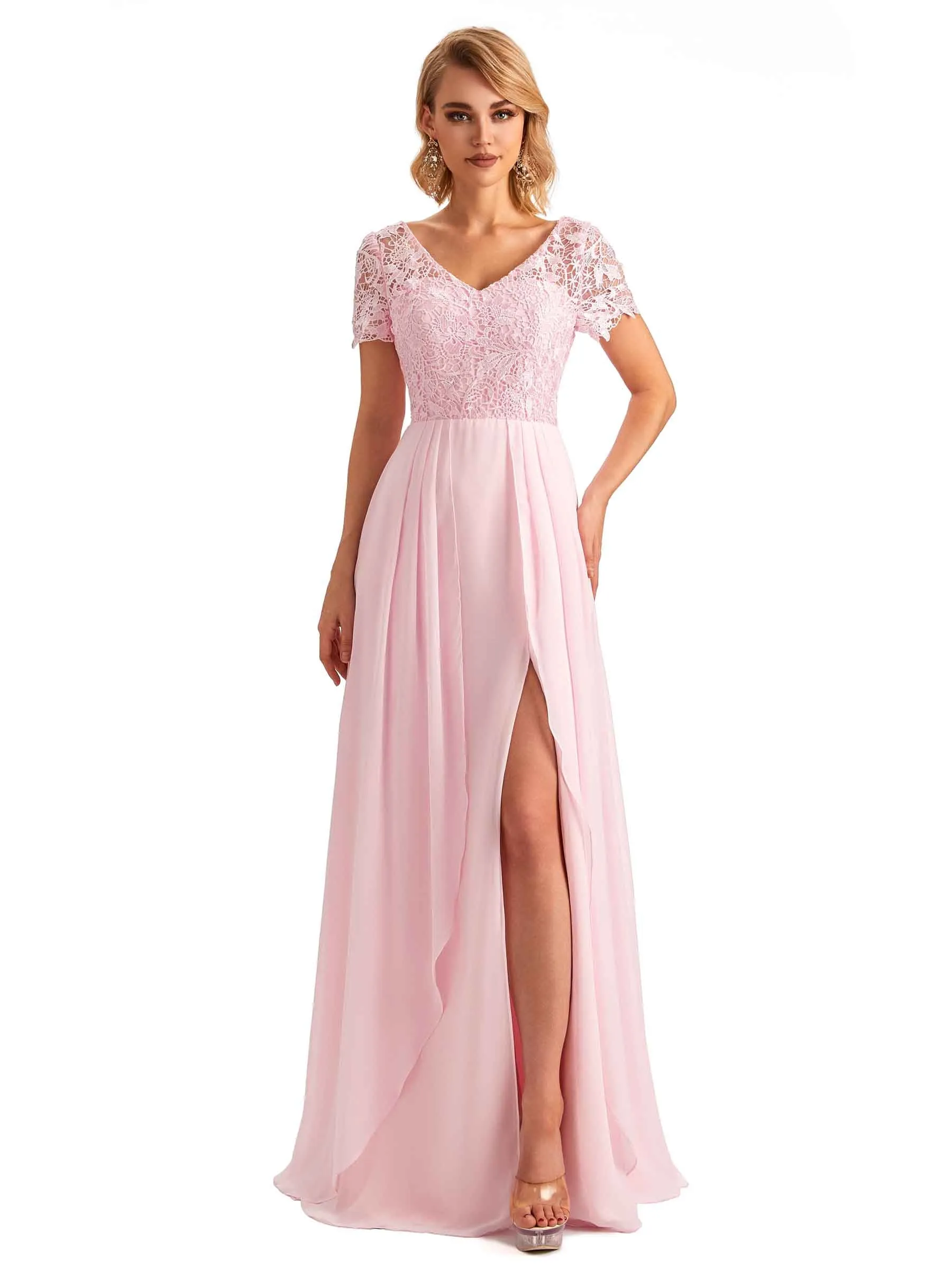 Elegant Side Slit Chiffon Short Sleeves A-line Long Mother of the Brides Dresses sold by ChicSew