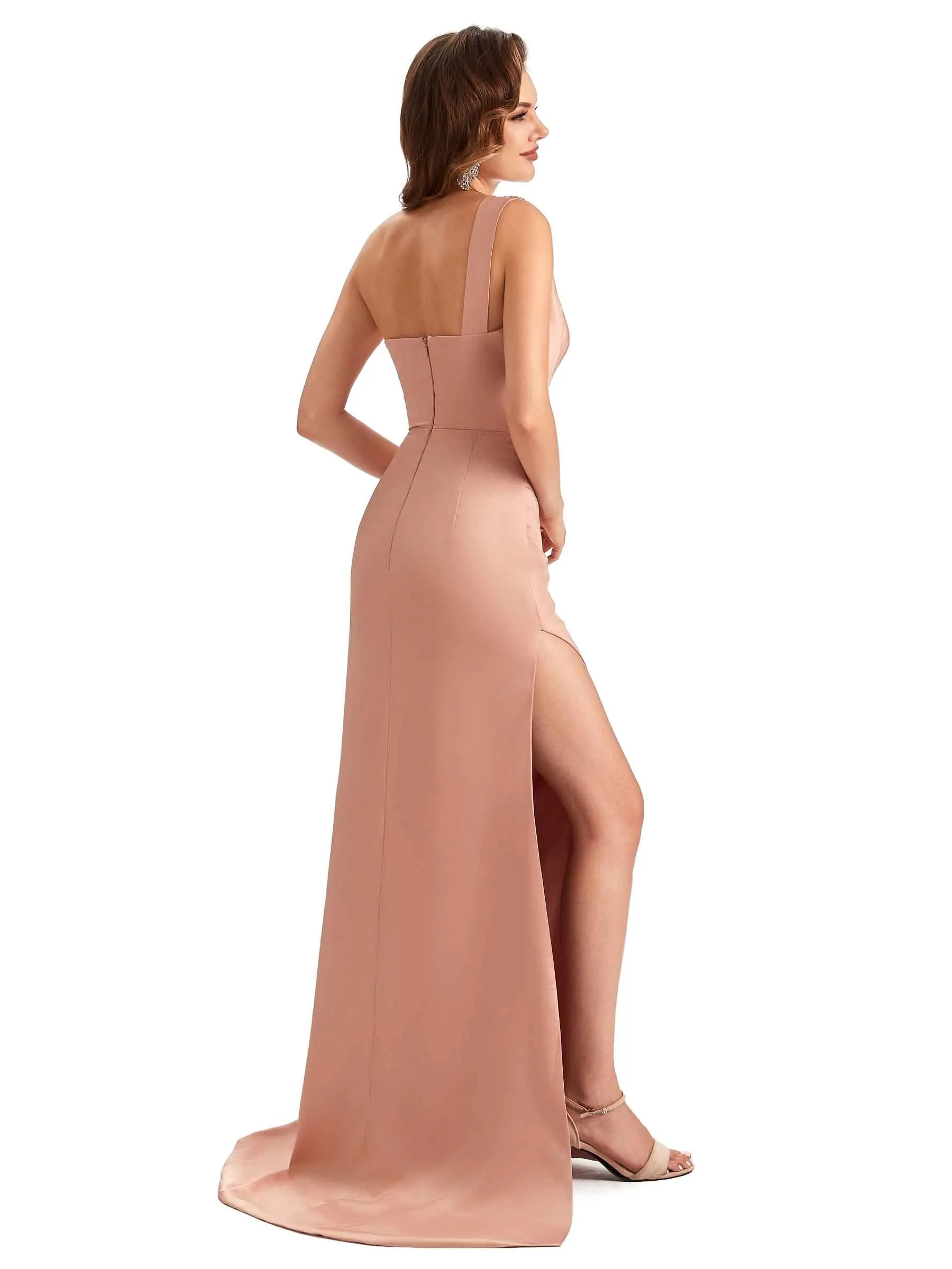 Sexy One Shoulder Side Slit Mermaid Unique Long Satin Party Dress sold by ChicSew product image thumbnail 5