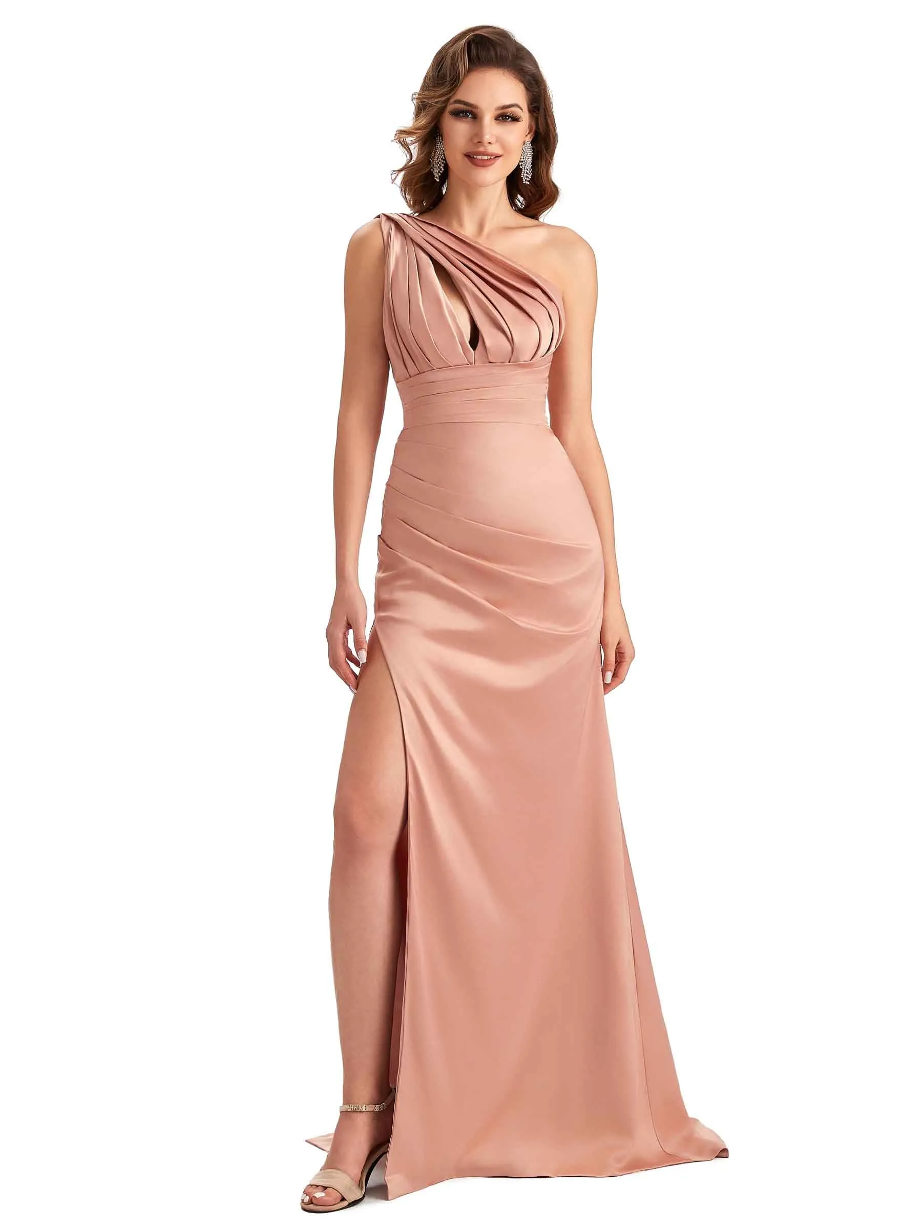 Sexy One Shoulder Side Slit Mermaid Unique Long Satin Party Dress sold by ChicSew