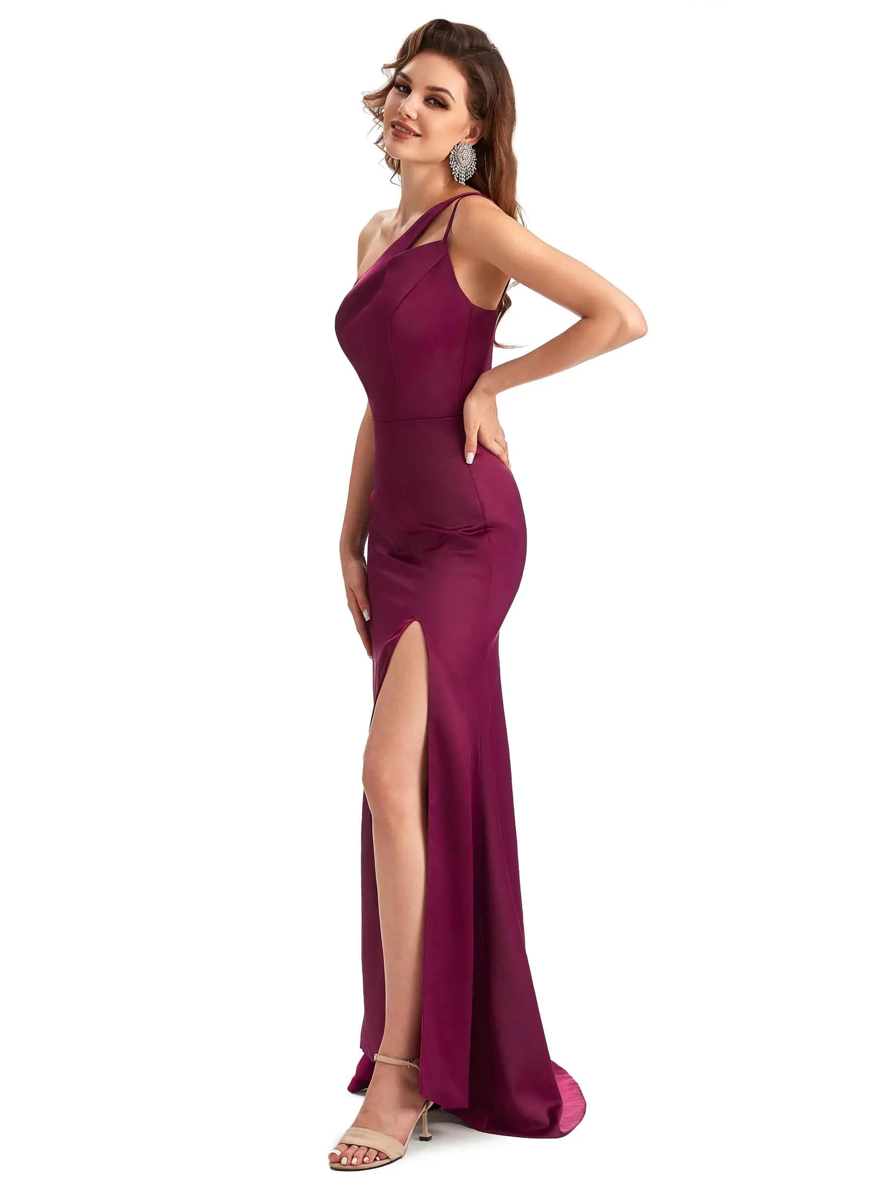 Sexy One Shoulder Side Slit Mermaid Silky Satin Unique Long Wedding Party Guest Dresses sold by ChicSew product image thumbnail 4