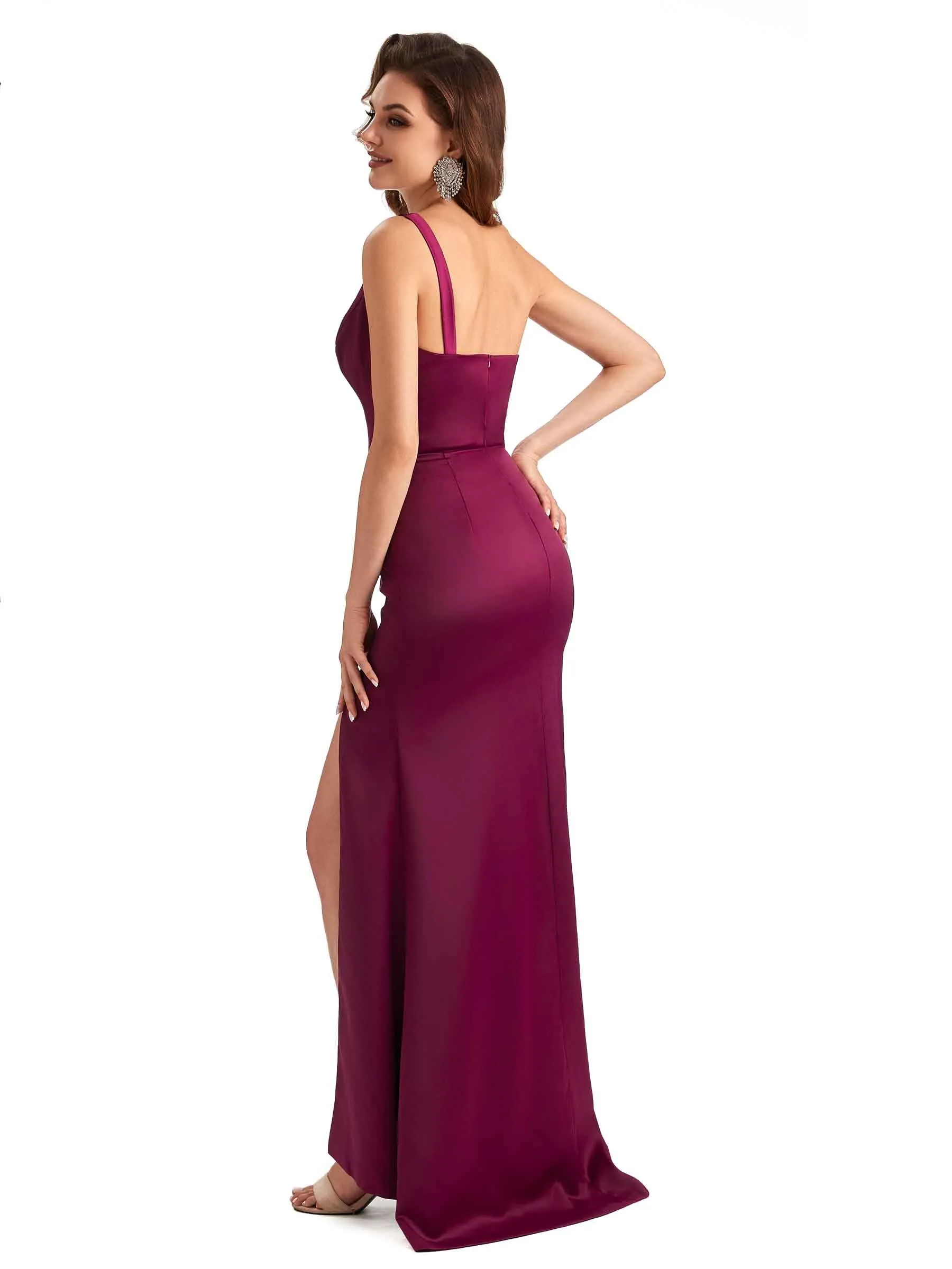 Sexy One Shoulder Side Slit Mermaid Silky Satin Unique Long Wedding Party Guest Dresses sold by ChicSew product image thumbnail 5