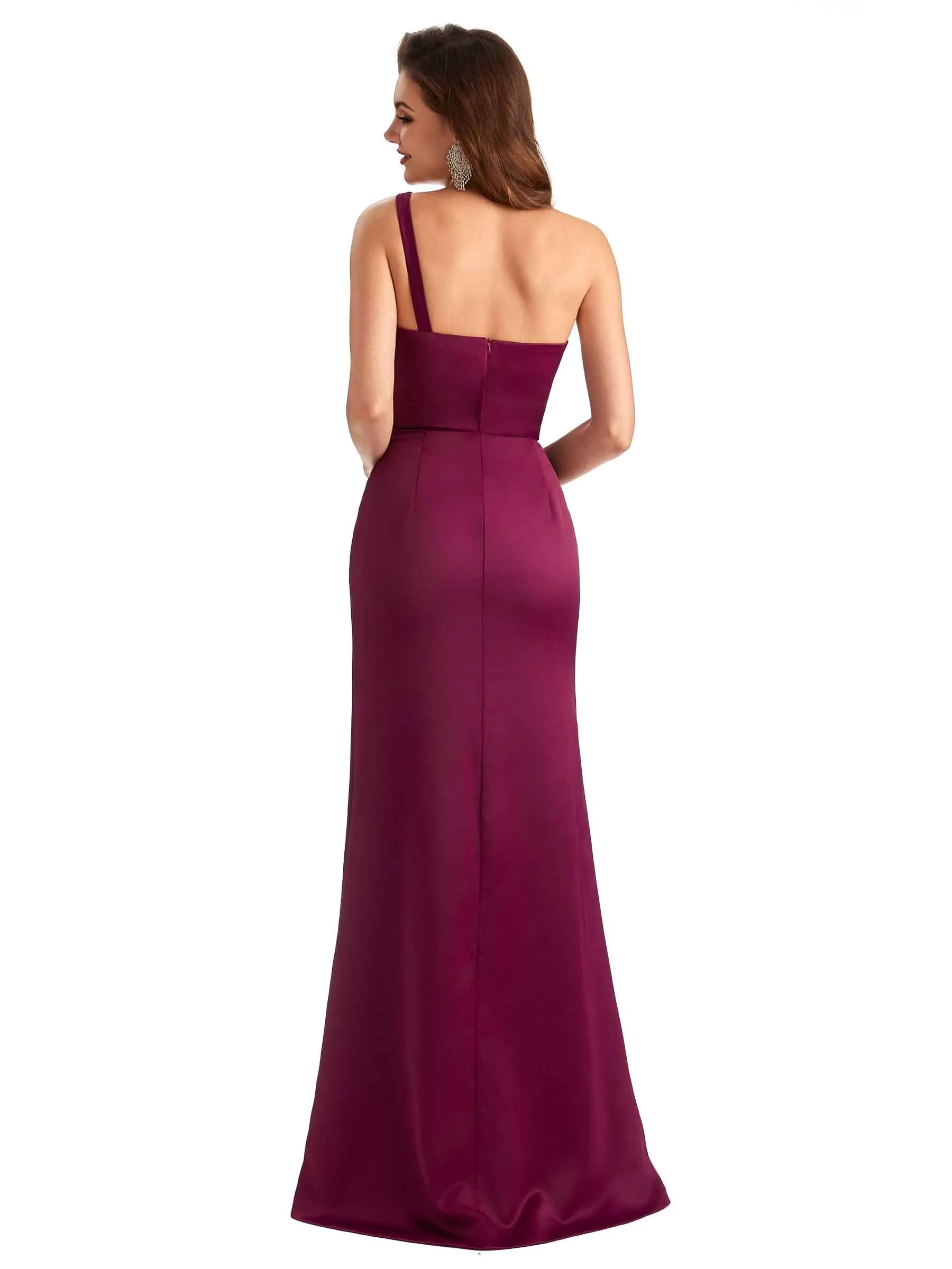 Sexy One Shoulder Side Slit Mermaid Silky Satin Unique Long Wedding Party Guest Dresses sold by ChicSew product image thumbnail 3