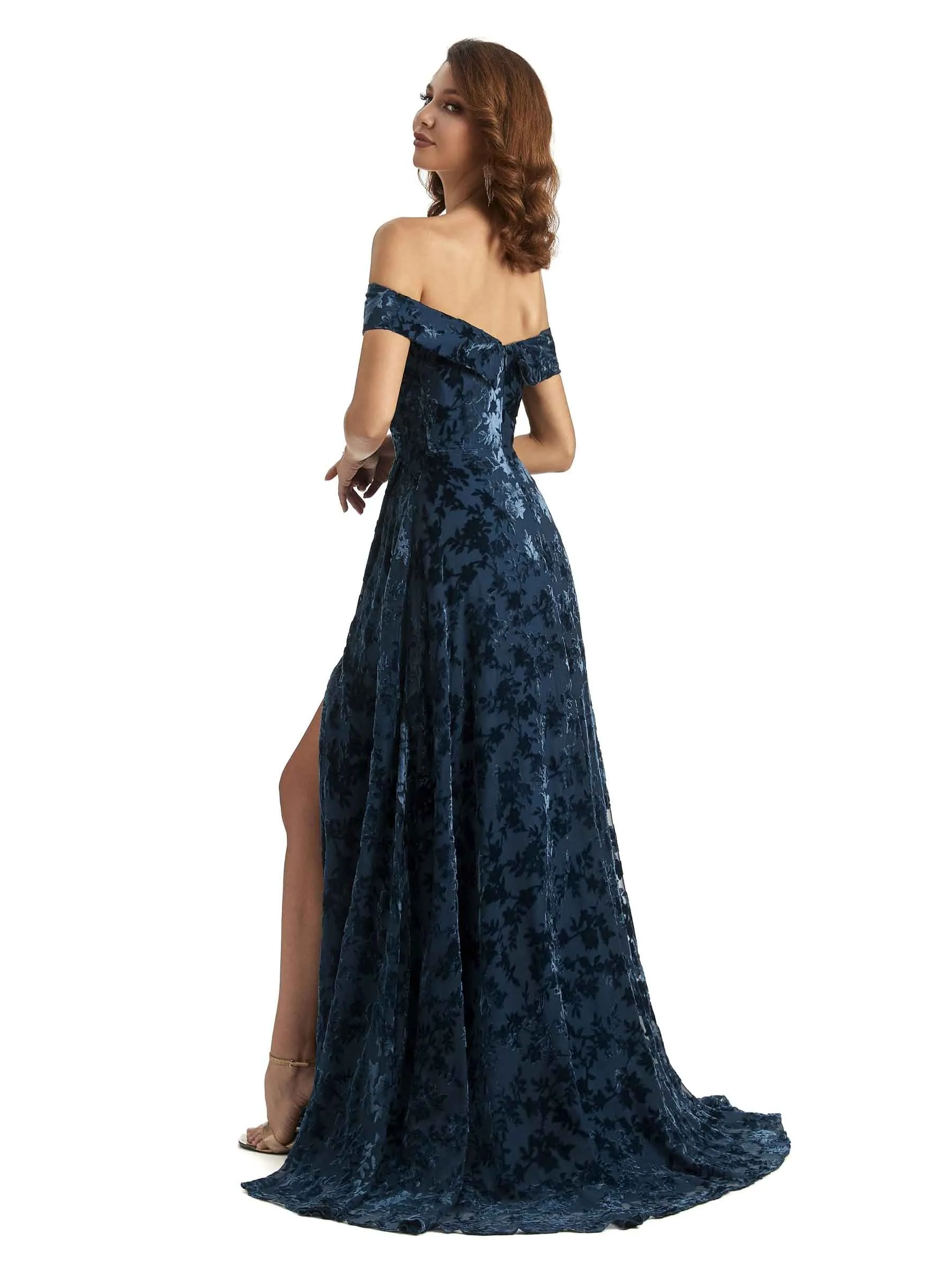 Sexy Side Slit Floral Velvet Off The Shoulder Long Bridesmaid Dresses Online sold by ChicSew product image thumbnail 5