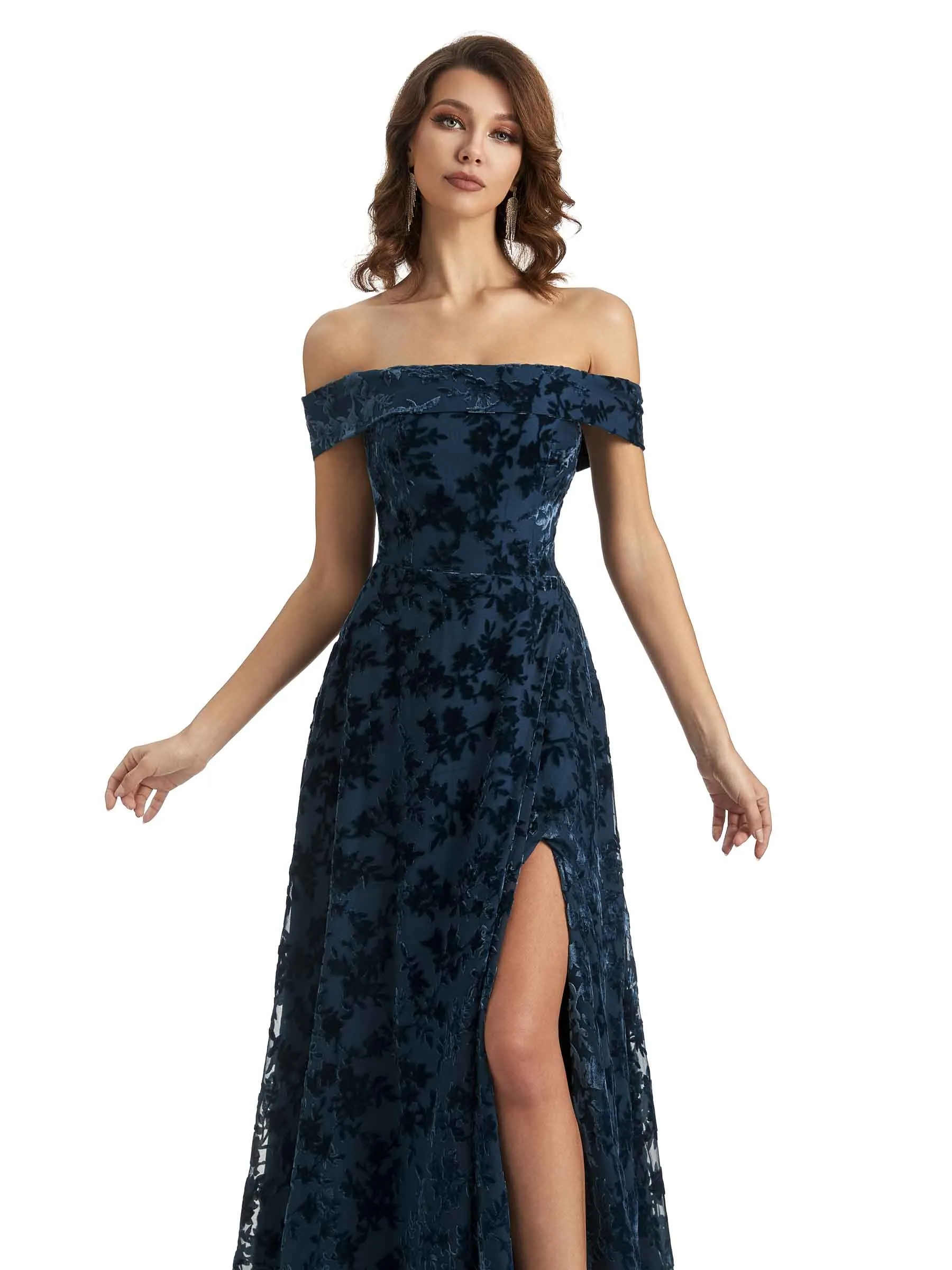 Sexy Side Slit Floral Velvet Off The Shoulder Long Bridesmaid Dresses Online sold by ChicSew product image thumbnail 2