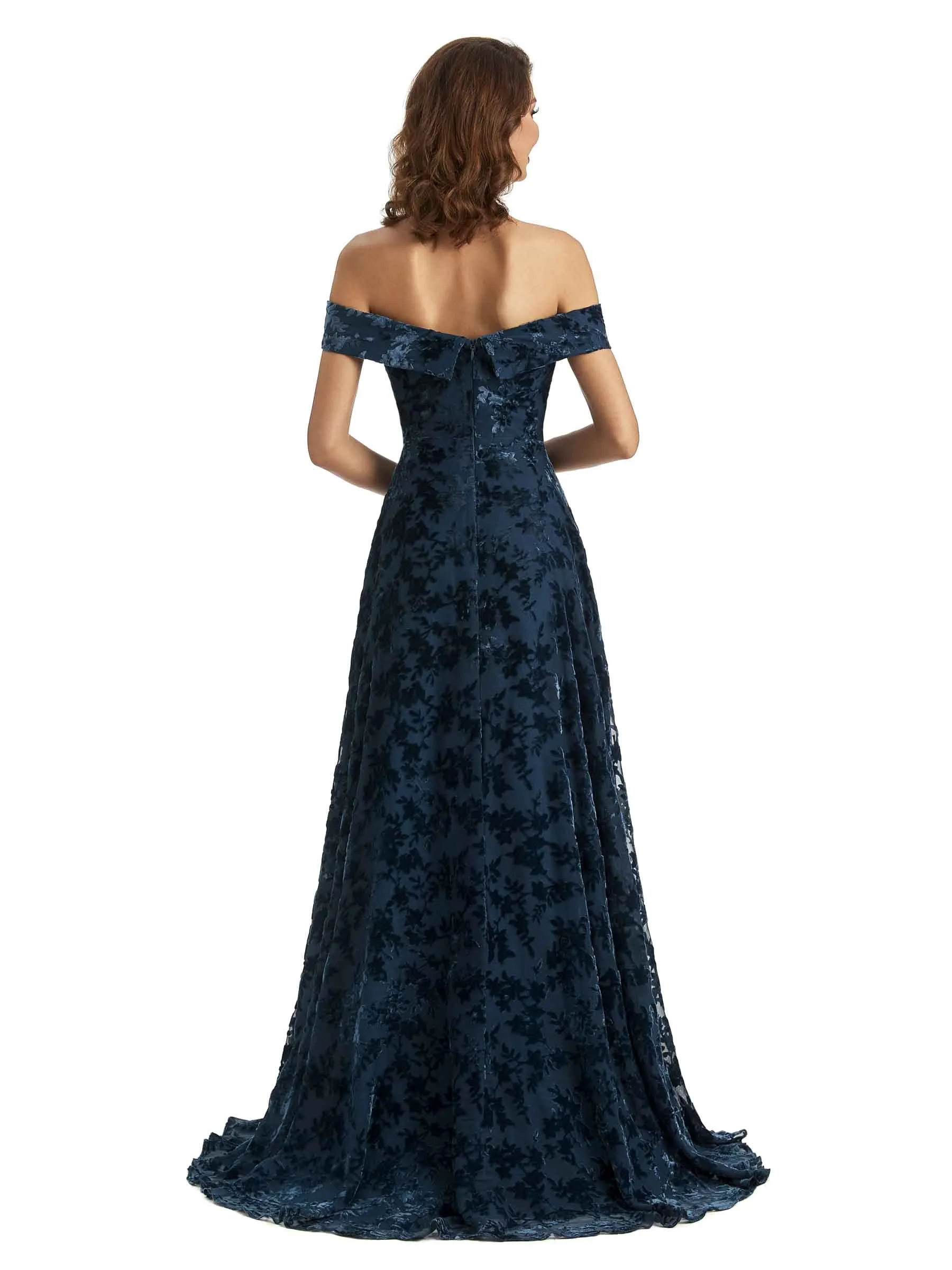 Sexy Side Slit Floral Velvet Off The Shoulder Long Bridesmaid Dresses Online sold by ChicSew product image thumbnail 3