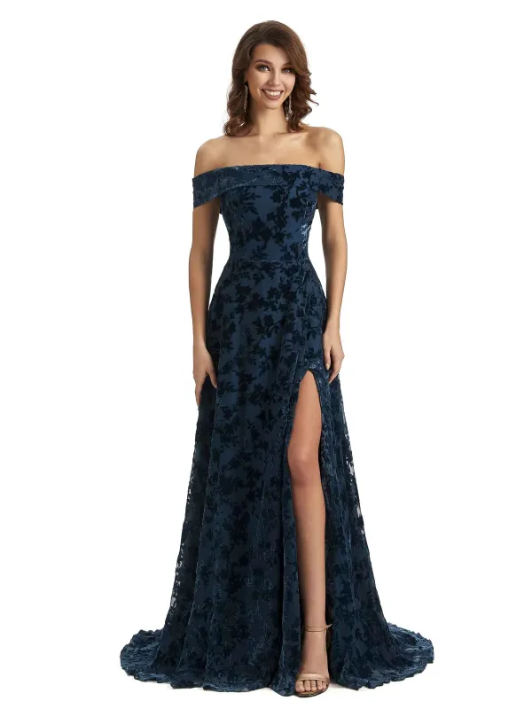 Sexy Side Slit Floral  Velvet Off The Shoulder Long Bridesmaid Dresses Online sold by ChicSew