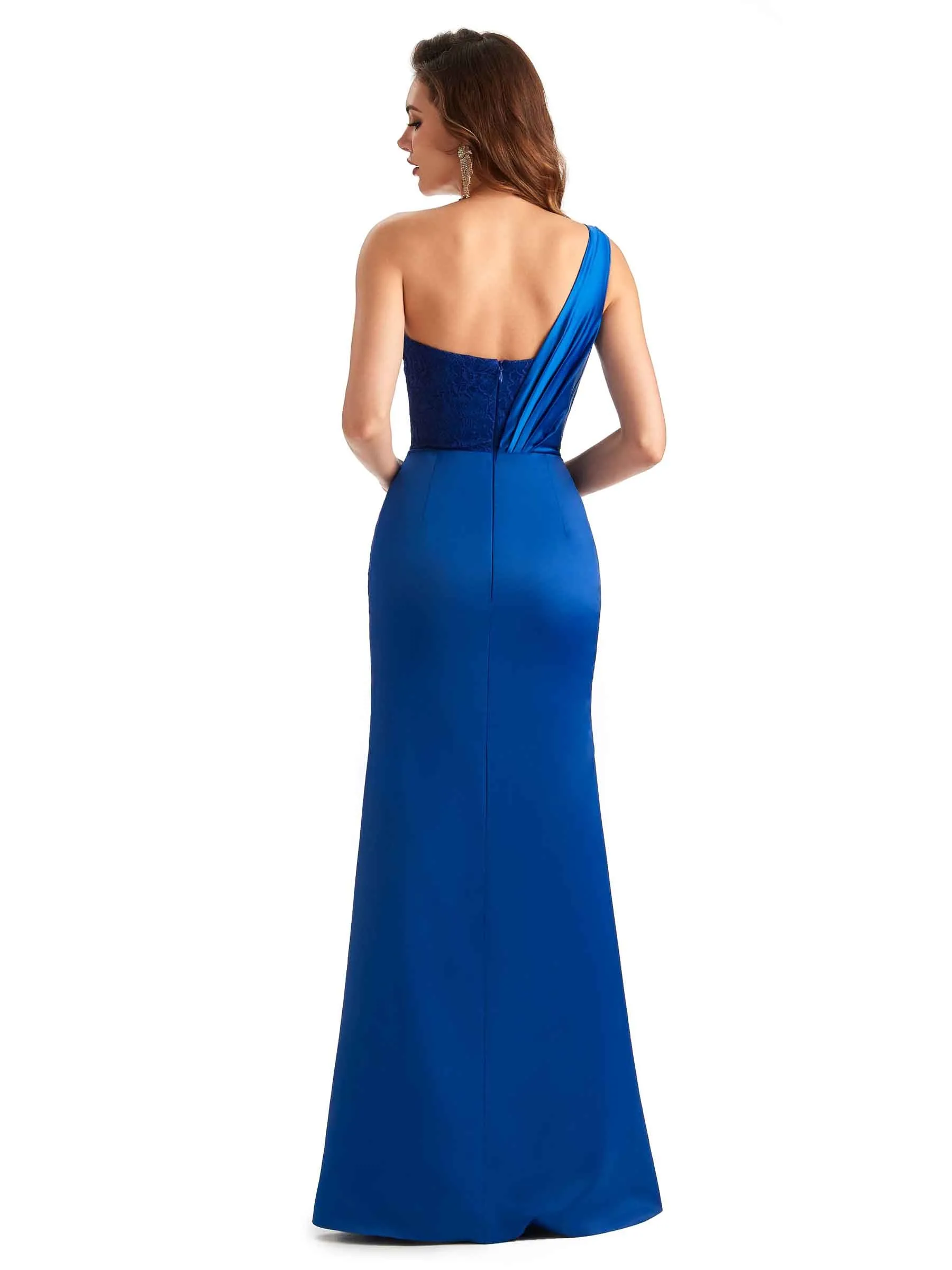 Sexy One Shoulder Side Slit Lace Mermaid Silky Satin Chic Long Maxi Dress For Wedding sold by ChicSew product image thumbnail 3