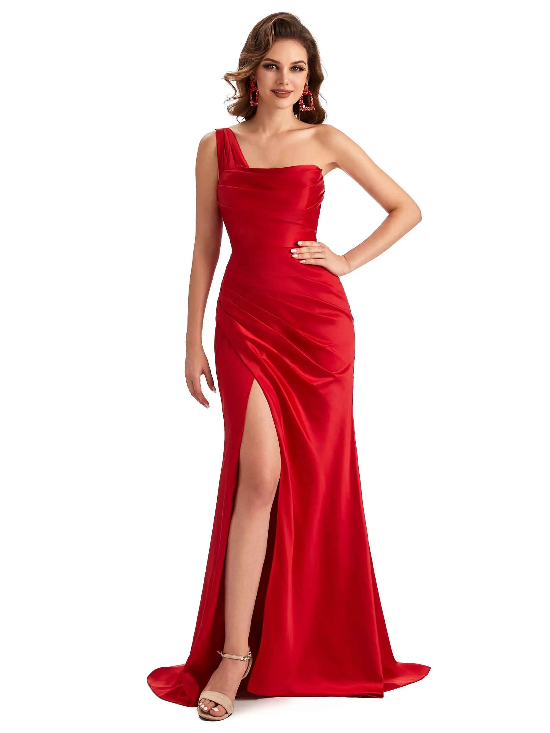 Sexy One Shoulder Side Slit Silky Satin Chic Long Mermaid Trumpet Bridesmaid Dress sold by ChicSew