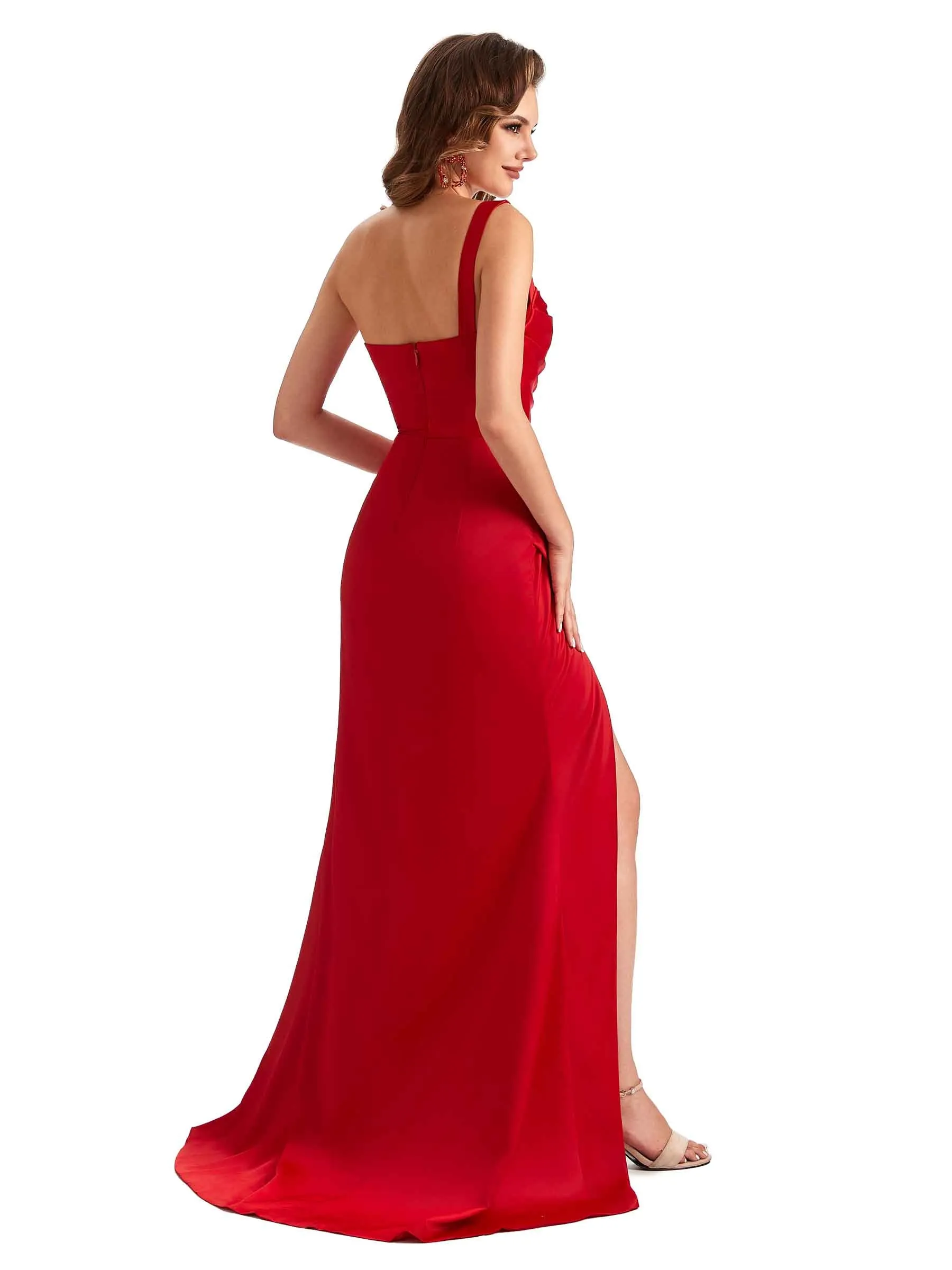 Sexy One Shoulder Side Slit Silky Satin Chic Long Mermaid Trumpet Bridesmaid Dress sold by ChicSew product image thumbnail 5