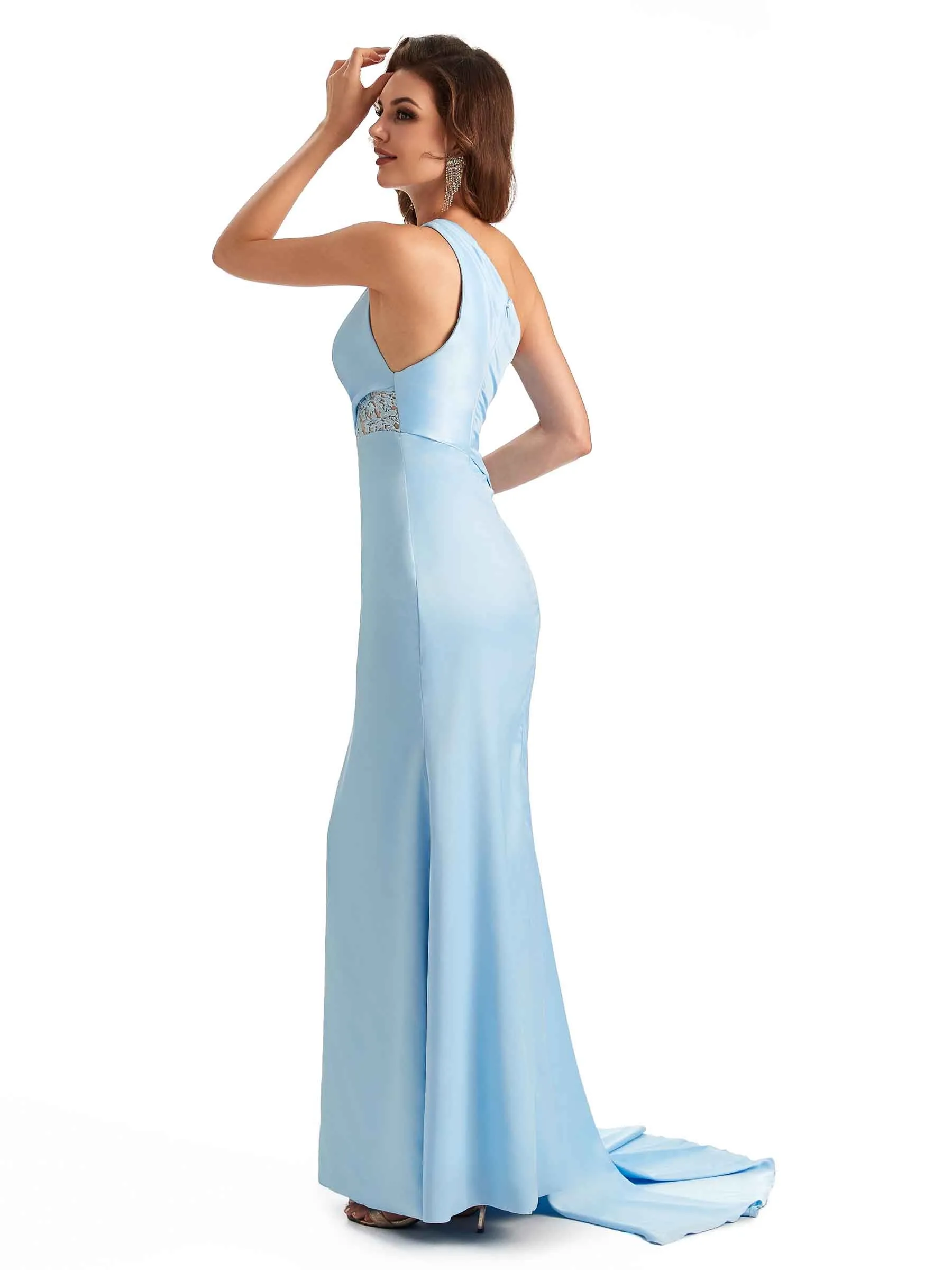 Sexy Mermaid Silky Satin One Shoulder Lace See Through Long Bridesmaid Dresses Online sold by ChicSew product image thumbnail 4