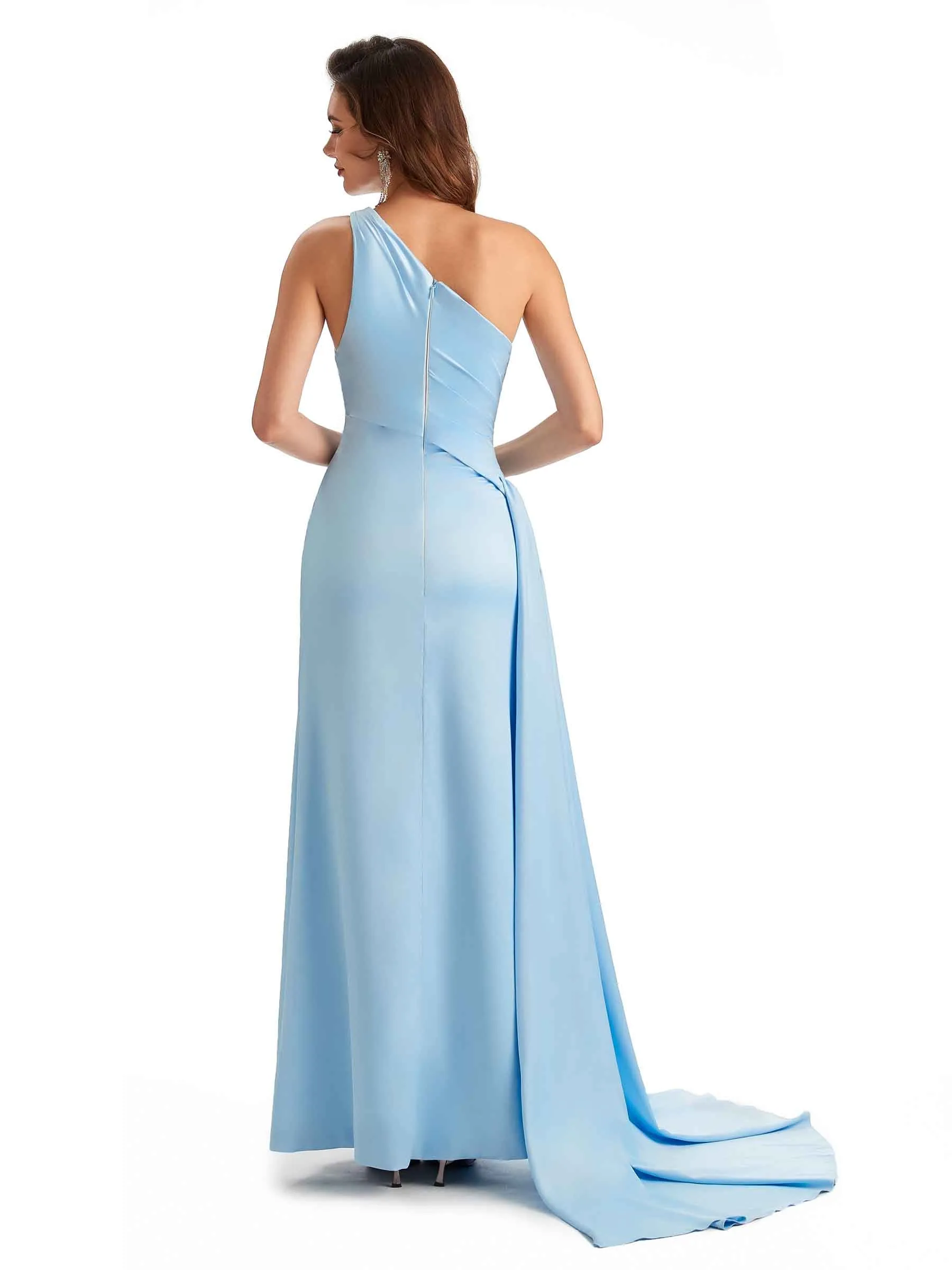 Sexy Mermaid Silky Satin One Shoulder Lace See Through Long Bridesmaid Dresses Online sold by ChicSew product image thumbnail 3