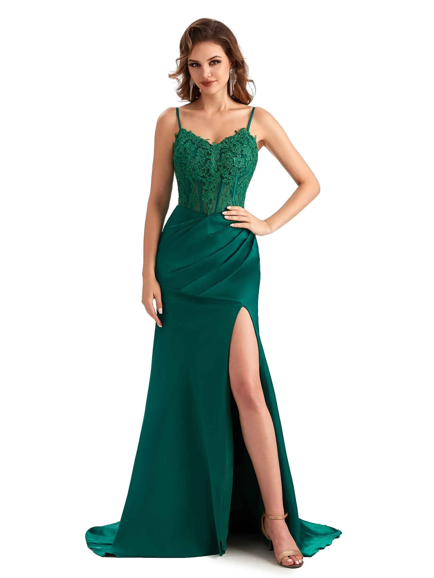Sexy Side Slit Mermaid Silky Satin Lace See Through Unique Long Bridesmaid Dresses sold by ChicSew