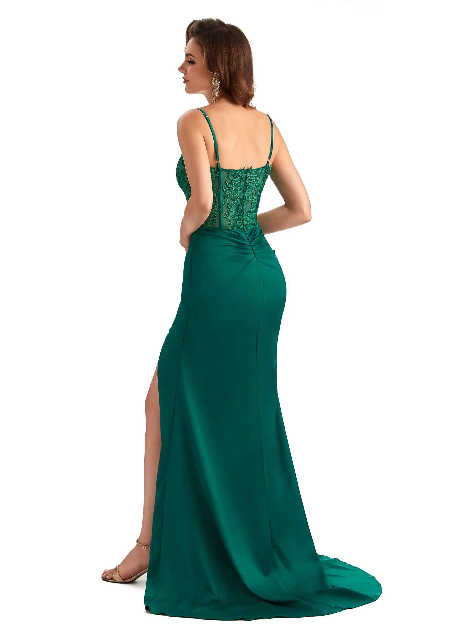 Sexy Side Slit Mermaid Silky Satin Lace See Through Unique Long Bridesmaid Dresses sold by ChicSew product image thumbnail 5