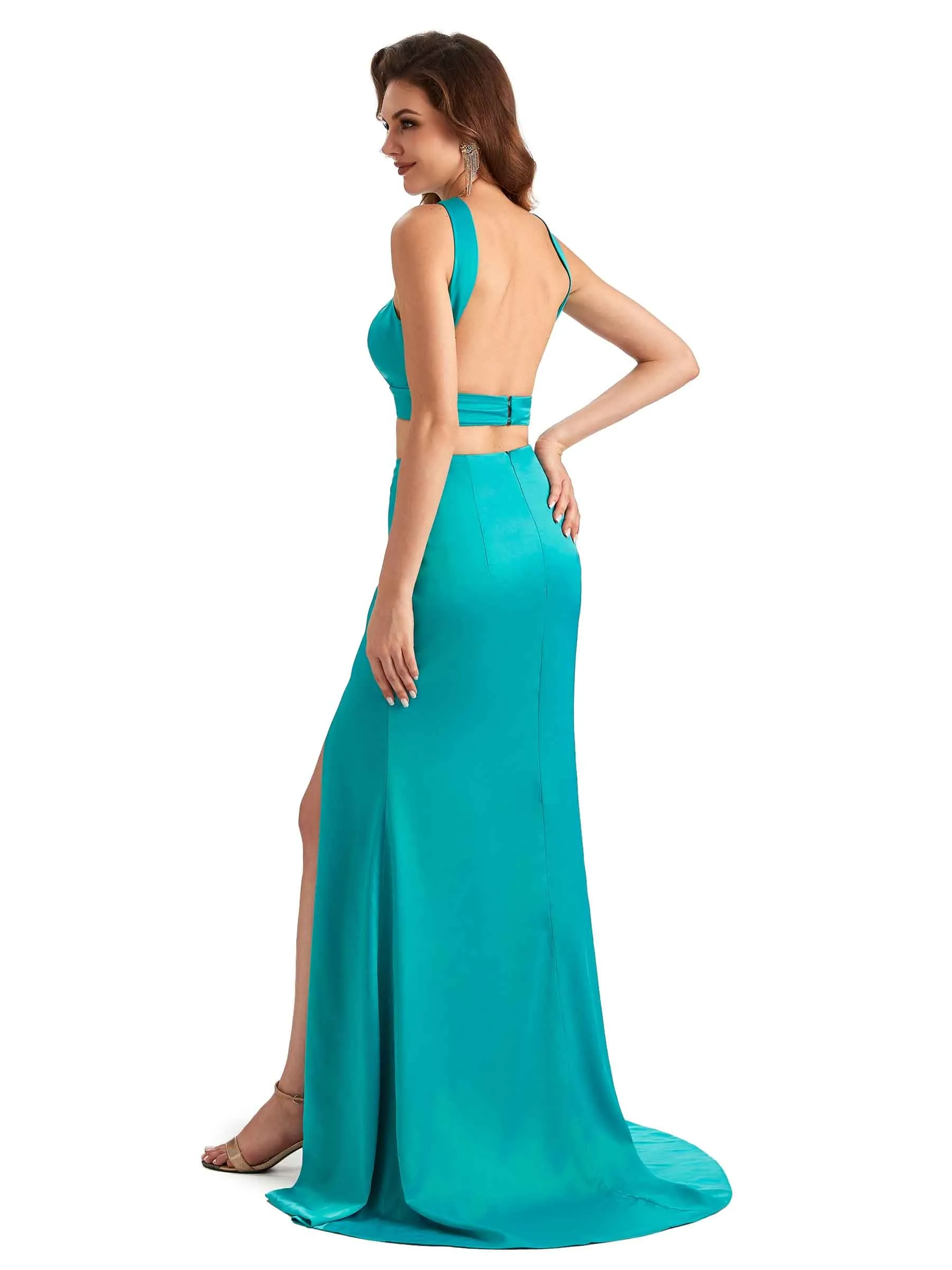 Sexy Side Slit Mermaid Silky Satin Halter Two Pieces Unique Long Bridesmaid Dresses sold by ChicSew product image thumbnail 5