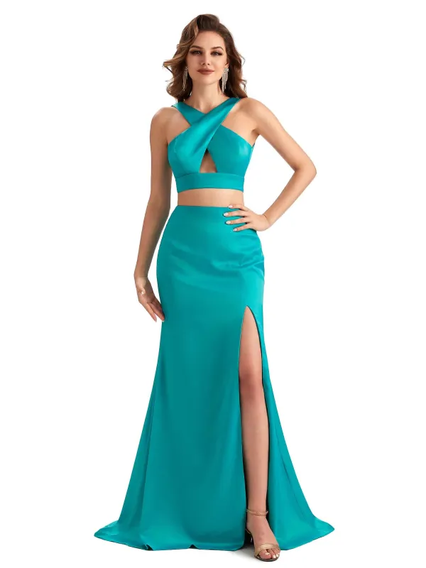Sexy Side Slit Mermaid Silky Satin Halter Two Pieces Unique Long Bridesmaid Dresses sold by ChicSew