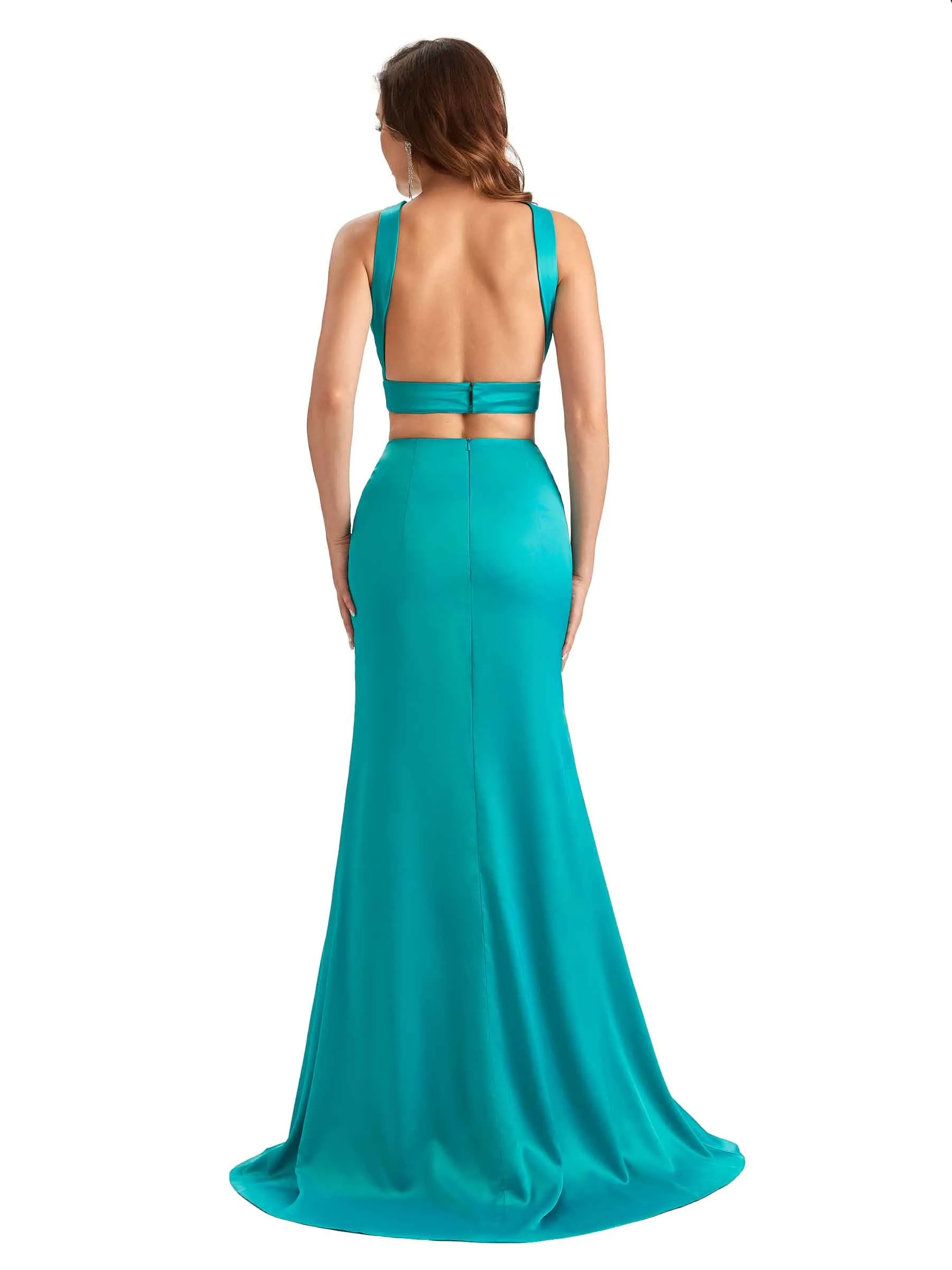 Sexy Side Slit Mermaid Silky Satin Halter Two Pieces Unique Long Bridesmaid Dresses sold by ChicSew product image thumbnail 3