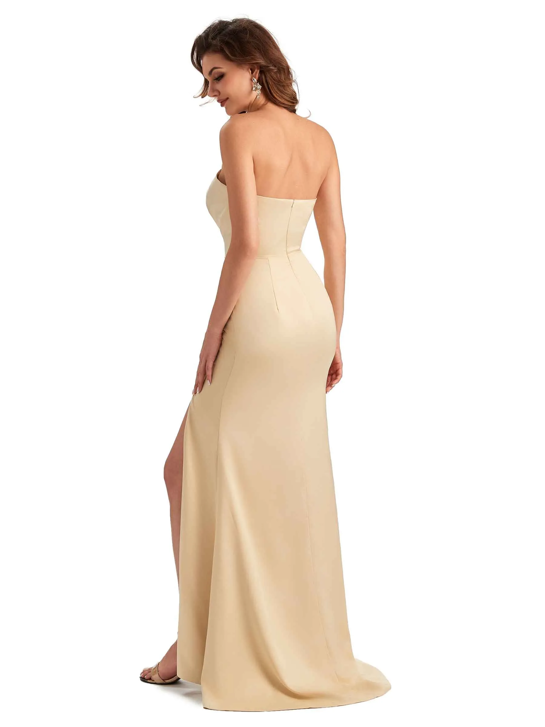 Unique Soft Satin Side Slit Asymmetrical Neckline Mermaid Long Bridesmaid Dresses sold by ChicSew product image thumbnail 5