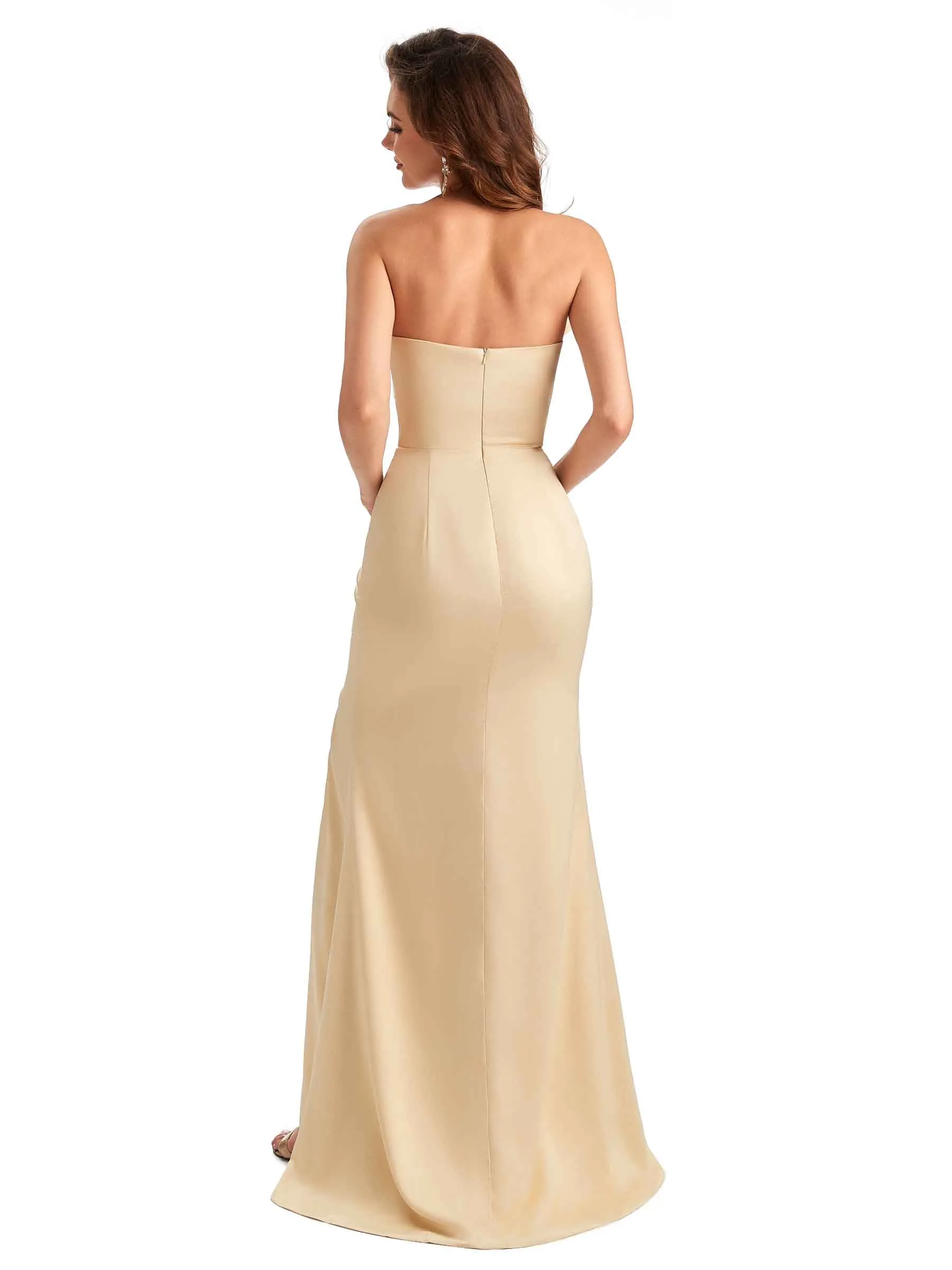 Unique Soft Satin Side Slit Asymmetrical Neckline Mermaid Long Bridesmaid Dresses sold by ChicSew product image thumbnail 3