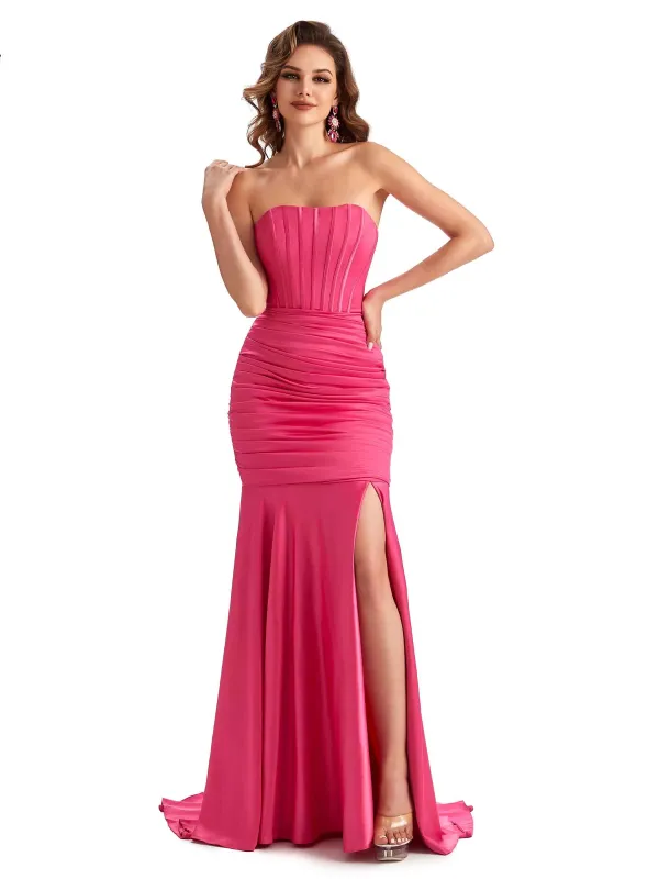 Sexy Strapless Side Slit Mermaid Silky Satin Formal Gown sold by ChicSew