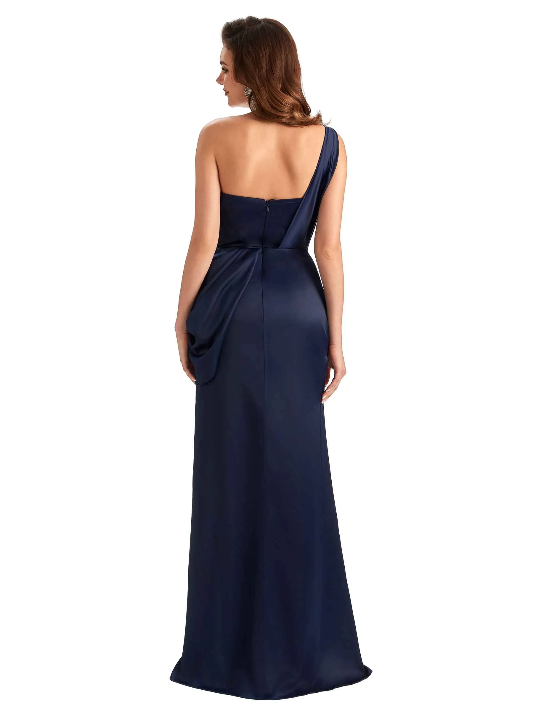 Sexy Mermaid Silky Satin Side Slit One Shoulder Unique Long Wedding Guest Dresses sold by ChicSew product image thumbnail 3