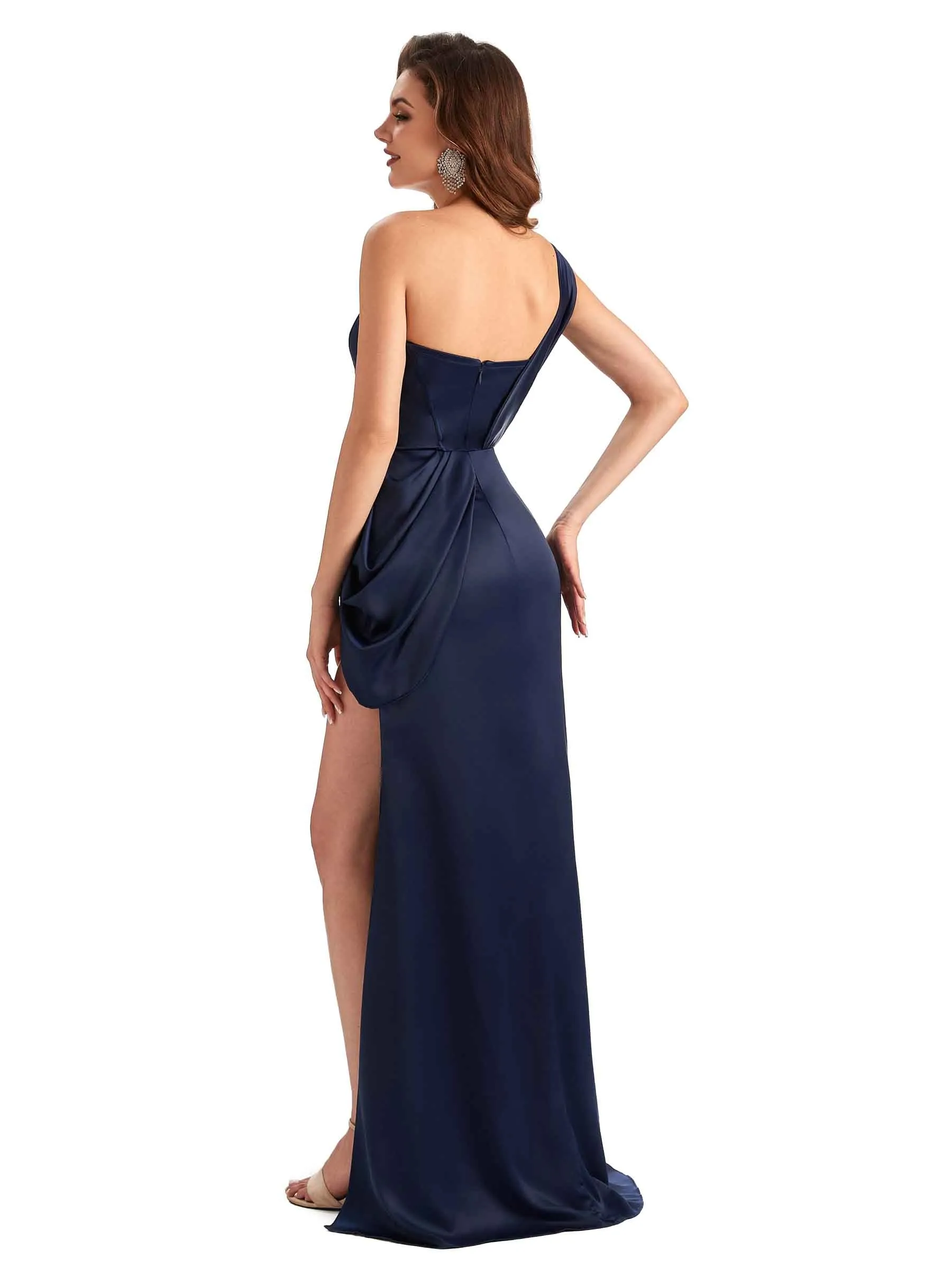 Sexy Mermaid Silky Satin Side Slit One Shoulder Unique Long Wedding Guest Dresses sold by ChicSew product image thumbnail 4