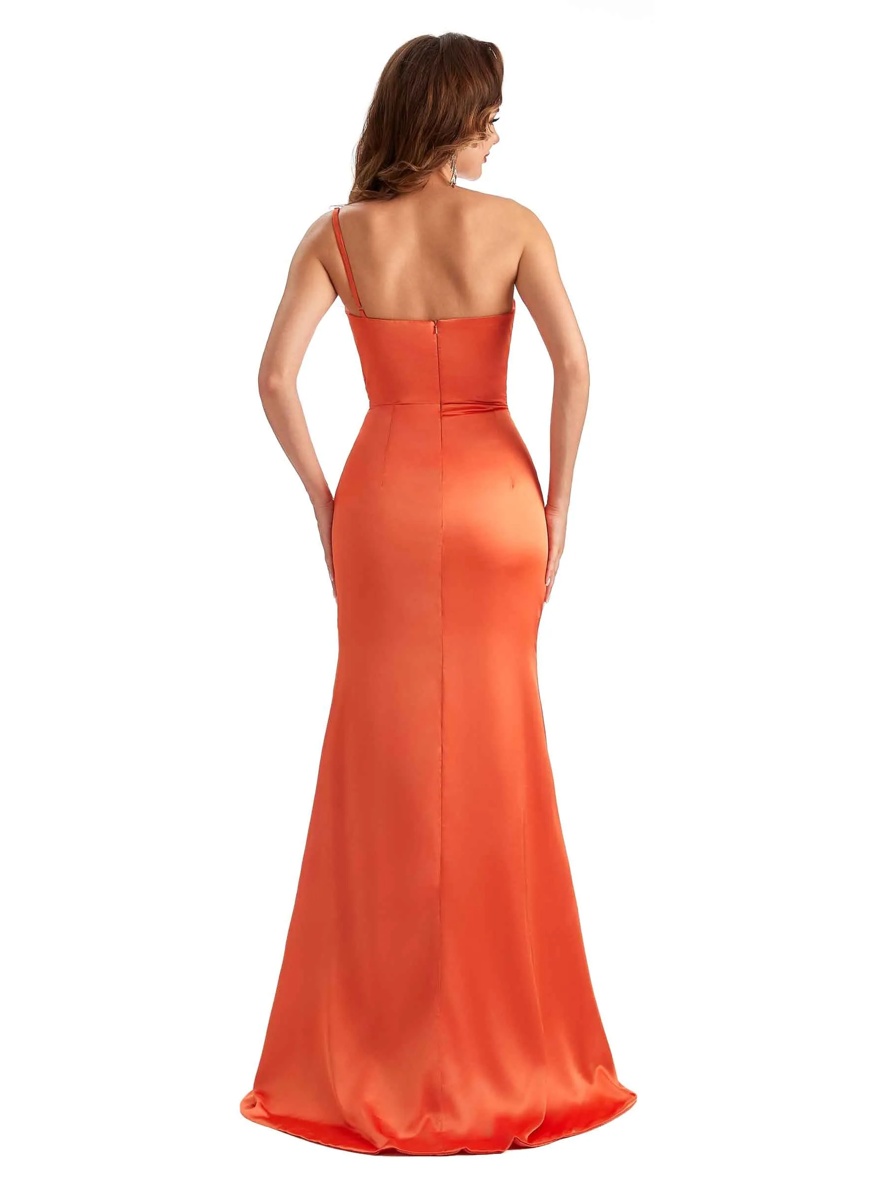 Sexy Side Slit Mermaid Silky Satin One Shoulder Maxi Unique Bridesmaid Dresses Online sold by ChicSew product image thumbnail 3