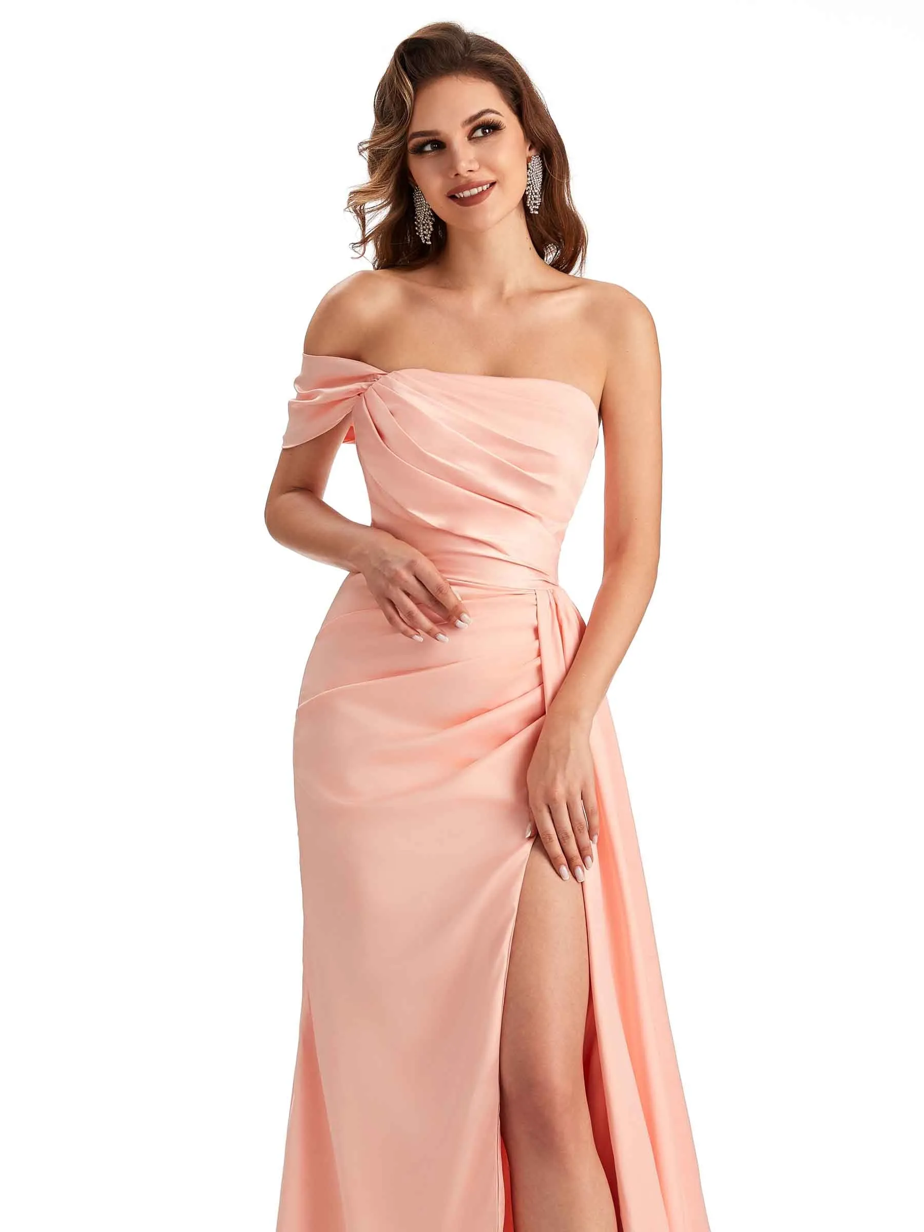 Sexy One Shoulder Side Slit Mermaid Soft Satin Long Women Bridesmaid Dresses Online sold by ChicSew product image thumbnail 2