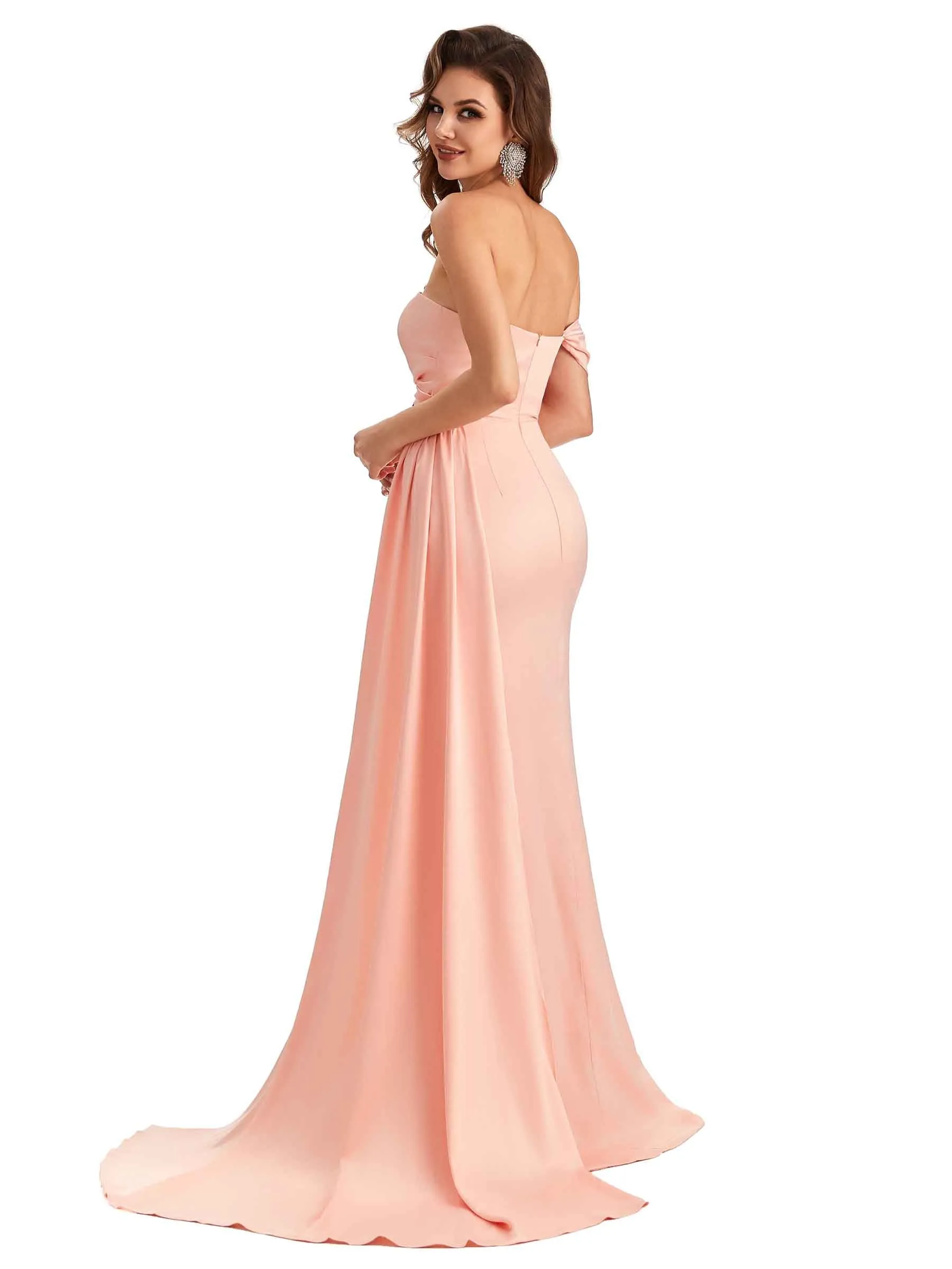 Sexy One Shoulder Side Slit Mermaid Soft Satin Long Women Bridesmaid Dresses Online sold by ChicSew product image thumbnail 5
