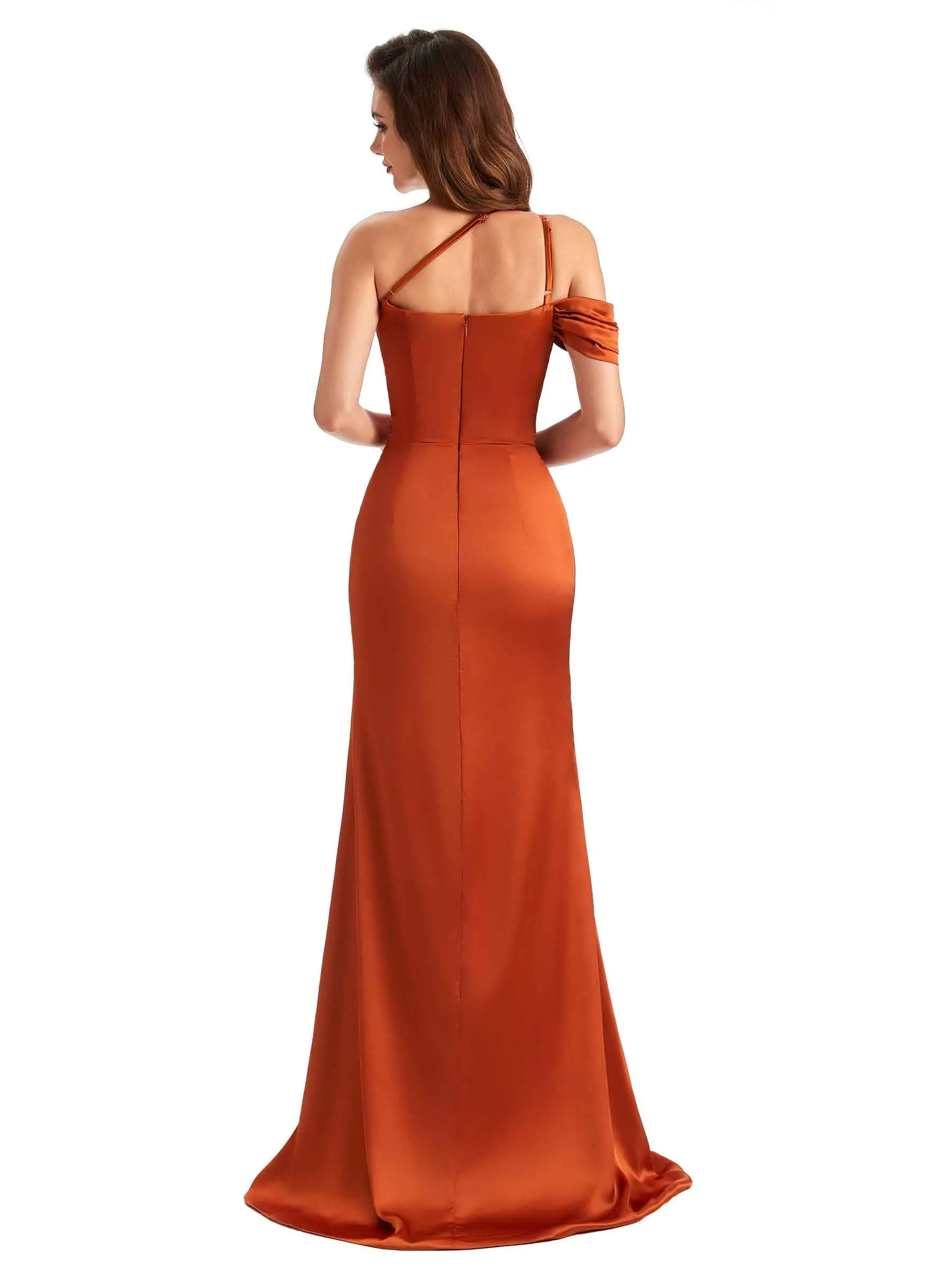 Sexy Side Slit Mermaid Soft Satin One Shoulder Long Unique Bridesmaid Dresses sold by ChicSew product image thumbnail 3