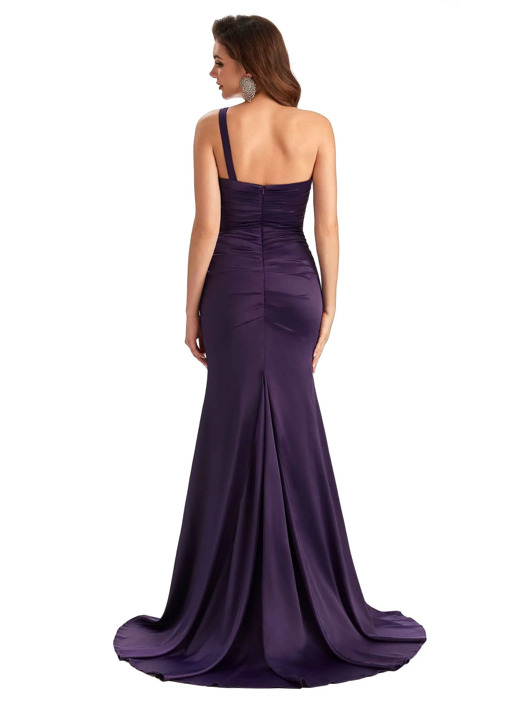 Sexy Side Slit Mermaid Soft Satin One Shoulder Modern Long Bridesmaid Dresses sold by ChicSew product image thumbnail 3