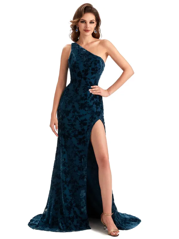 Elegant One Shoulder Side Slit Mermaid Floral Velvet Long Bridesmaid Dresses Online sold by ChicSew