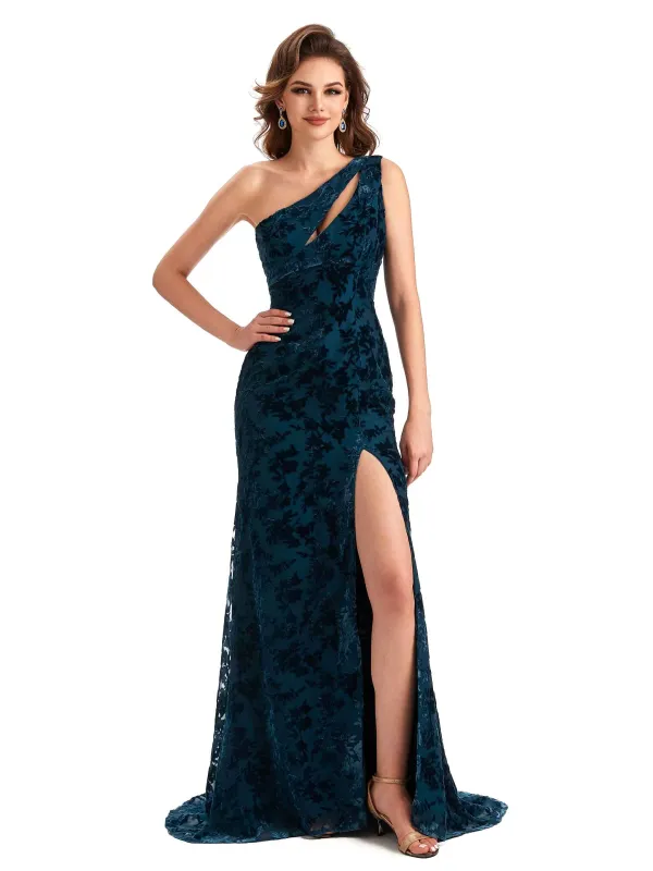 Elegant One Shoulder Mermaid Side Slit Floral Velvet Unique Long Bridesmaid Dresses sold by ChicSew