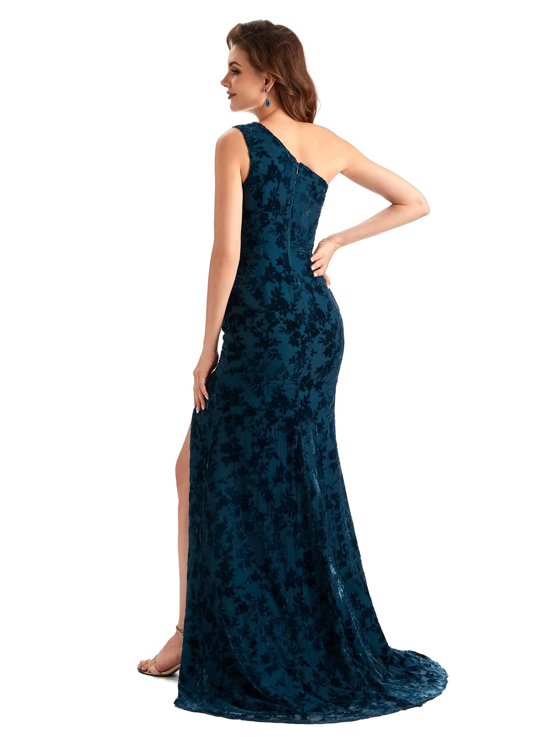 Elegant One Shoulder Mermaid Side Slit Floral Velvet Unique Long Bridesmaid Dresses sold by ChicSew product image thumbnail 5